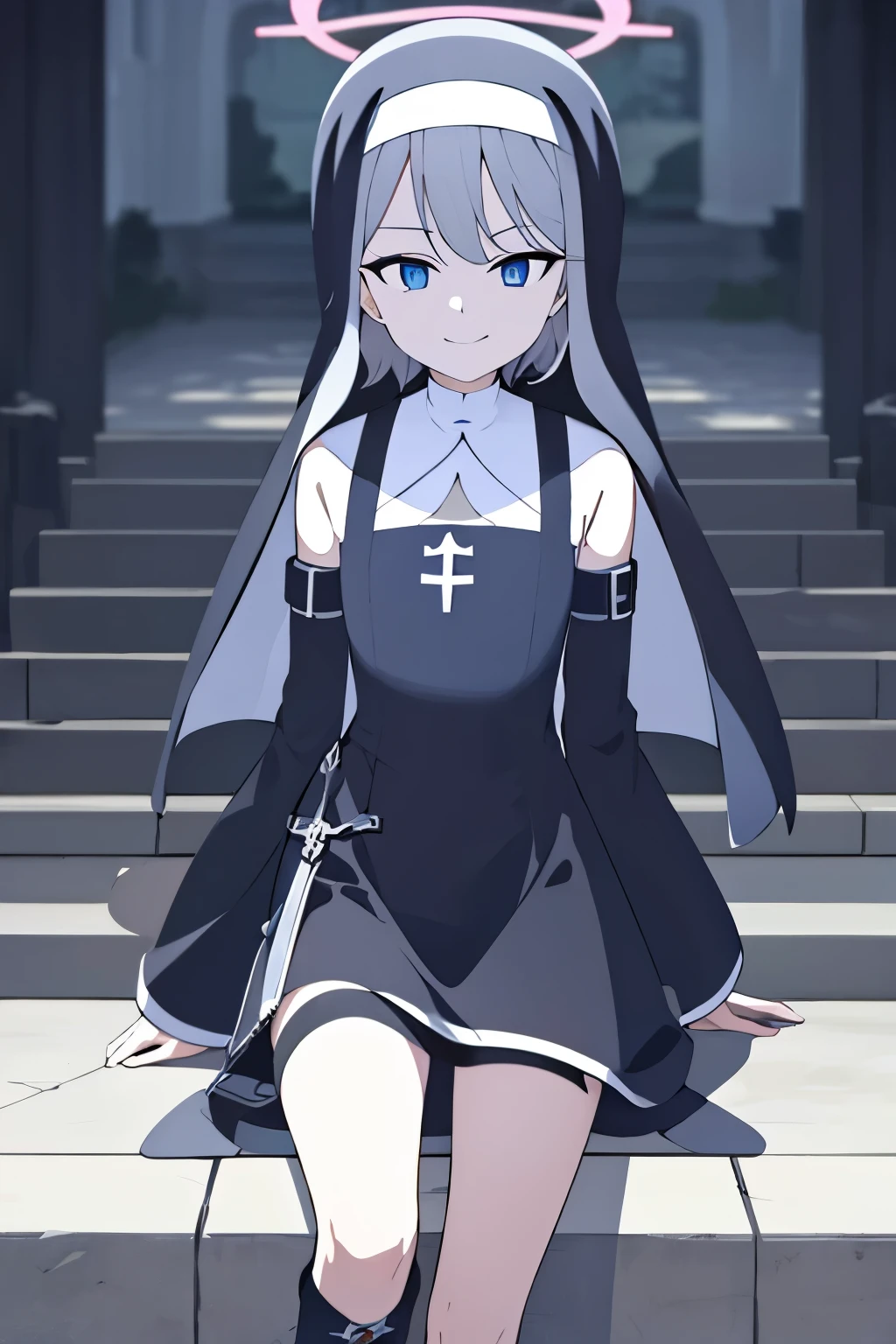 Black nun dress，Gray hair，blue eyes，smirk，short hair，halo，leg straps，Off the shoulders，boots，individual
