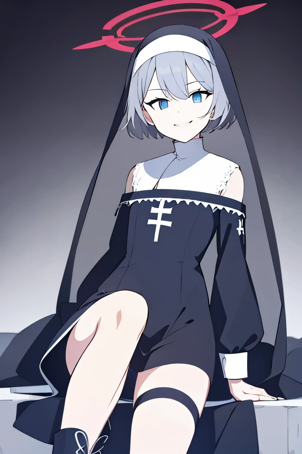Black nun dress,Gray hair,blue eyes,smirk,short hair,halo,leg straps,Off the shoulders,boots,individual
