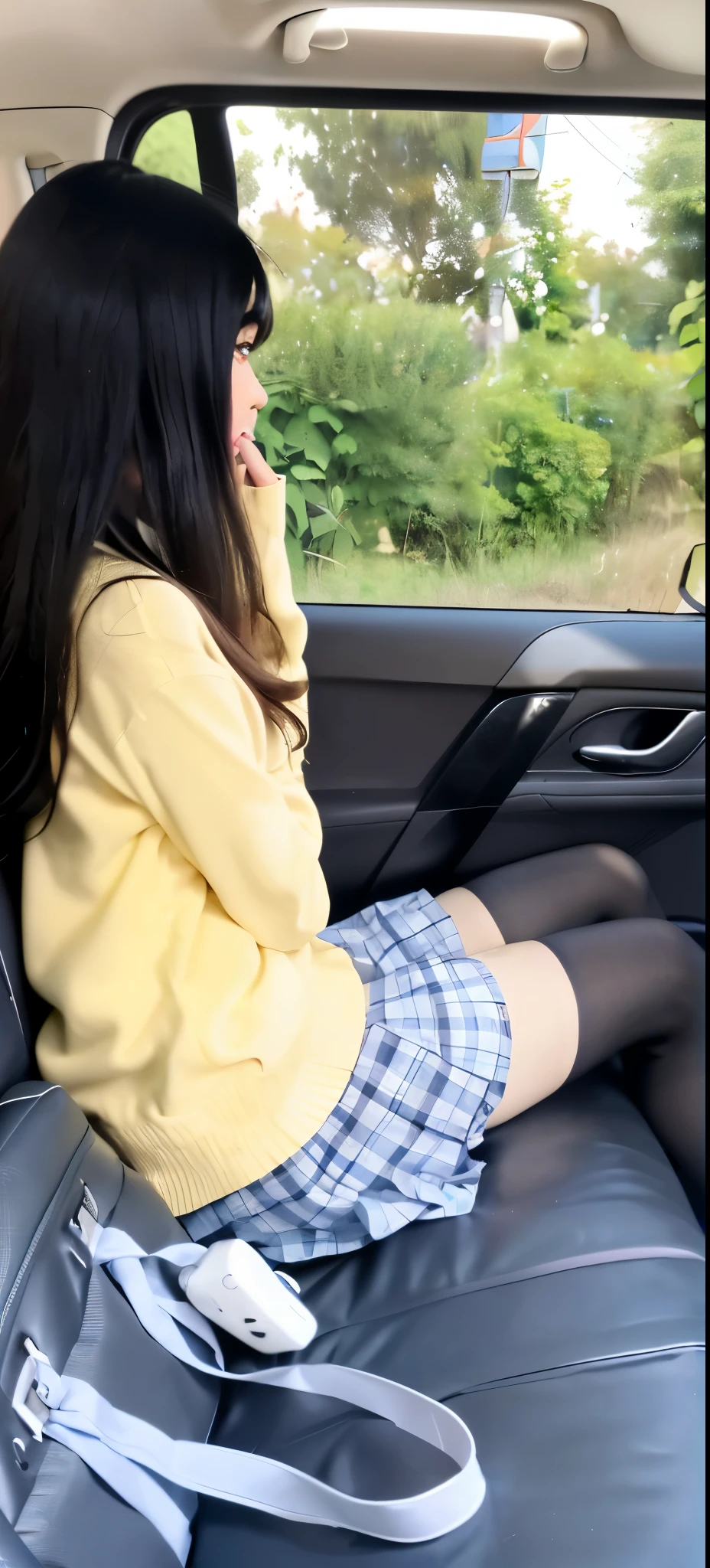 Arav is sitting in the back seat of the car, sitting in her car, a Surreal schoolgirl, stockings and skirt, cute schoolgirl, Wearing a skirt and high socks, ecchi style, Surreal schoolgirl, Urzan, Wearing a honey themed mini skirt, japanese girl,profile,long hair