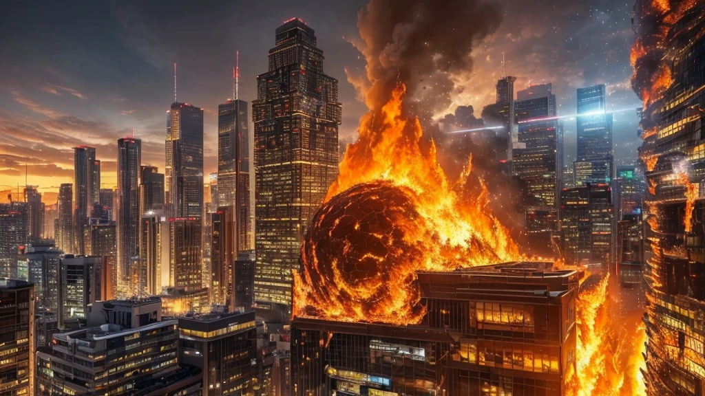 (in 8K, RAW Photos, top-quality, masterpiece:1.2), (realisitic, Photorealsitic:1.37), ultra-detailliert, high resolution, Huge Monster and sexy sorceress, building crumbling, Burning flame, stunningly beautiful face, dynamic ungle, shinjuku