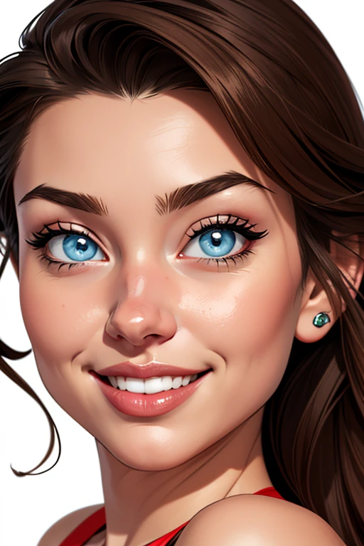 (cartoon style:1.2), Drawings of ([Miranda Kerr]), smile, perfect eyes, detailed face, white background, fun posing, flirty look,