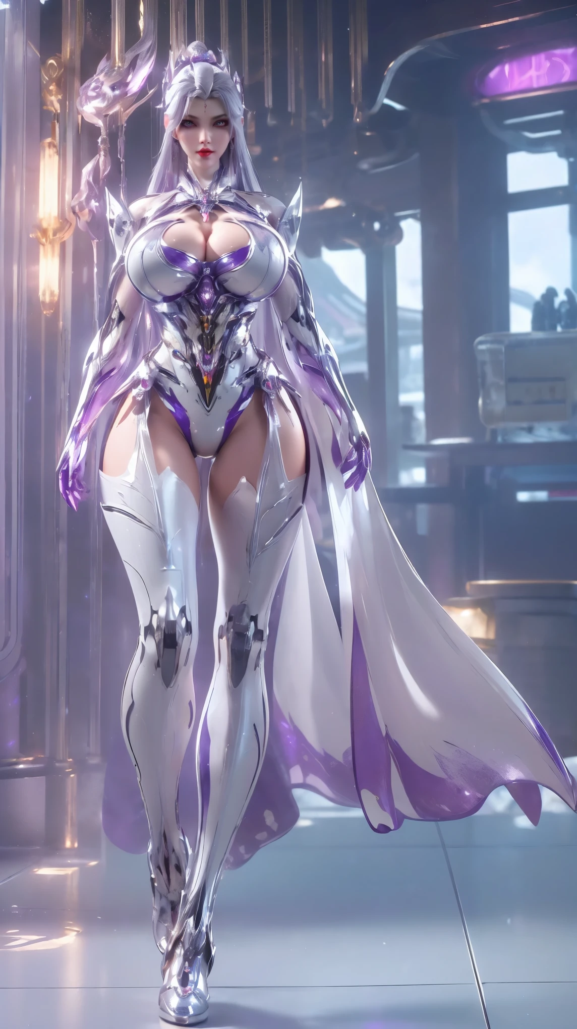PORTRAIT,UPPER BODY,SOLO,(BEAUTY WHITE HAIRSTYLE,PHOENIX GOLD HELM), (GIGANTIC FAKE BREAST,CLEAVAGE,MUSCLE ABS:1.5), (WEARING PURPLE and WHITE MECHA SHINY FUTURISTIC MECHA SKINTIGHT MINI BIKINI:1.5),(SLENDER BODY MATURE WOMAN:1.5), (SWEATY SHINY BUSTY BODY:1.5), (LOOKING AT VIEWER:1.3),(HALLROOM OF FUTURISTIC SPACE STATION:1), (PHOTOREALSITIC:1.4), (ULTRA-DETAILLIERT), (TOP-QUALITY), (BEST SHADOWS), (​MASTERPIECE), BRIGHT LIGHT IN ROOM, HYPER TEXTURE, (4X MSAA), ((UNREAL ENGINE 5 RENDER)), PHYSICALLY-BASED RENDERING, ULTRA HIGHT DEFINITION, 16K, 1080P.