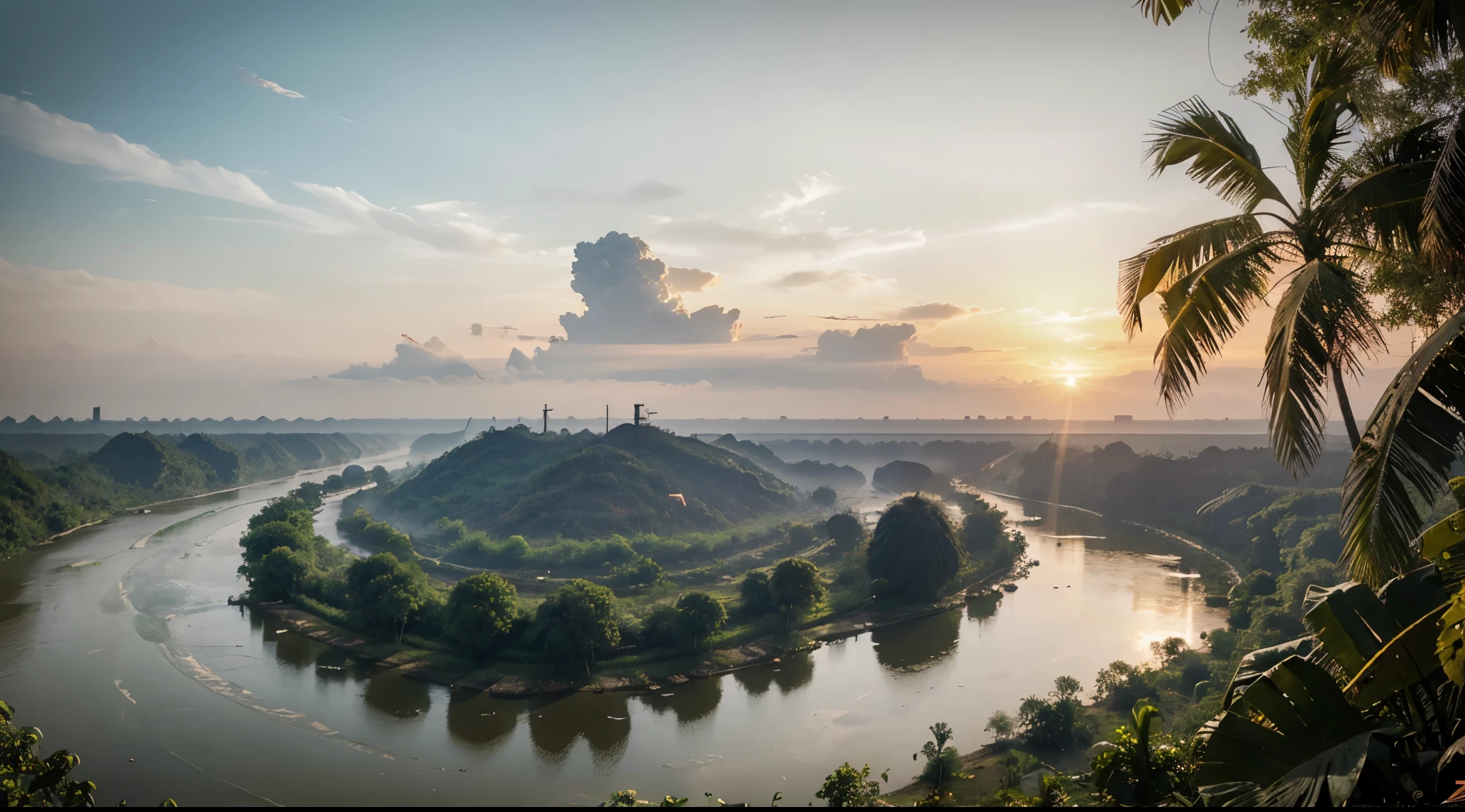 Mekong River, in the jungle of Vietnam, (Vietnam war), at sunrise, with realistic textures, ultra hd, realistic, vivid colours, high detail, perfect composition, from below, beautiful detailed complex insanely detailed octane render, artstation trend, 8k art photography, photorealistic concept art, soft natural volumetric cinematic perfect light