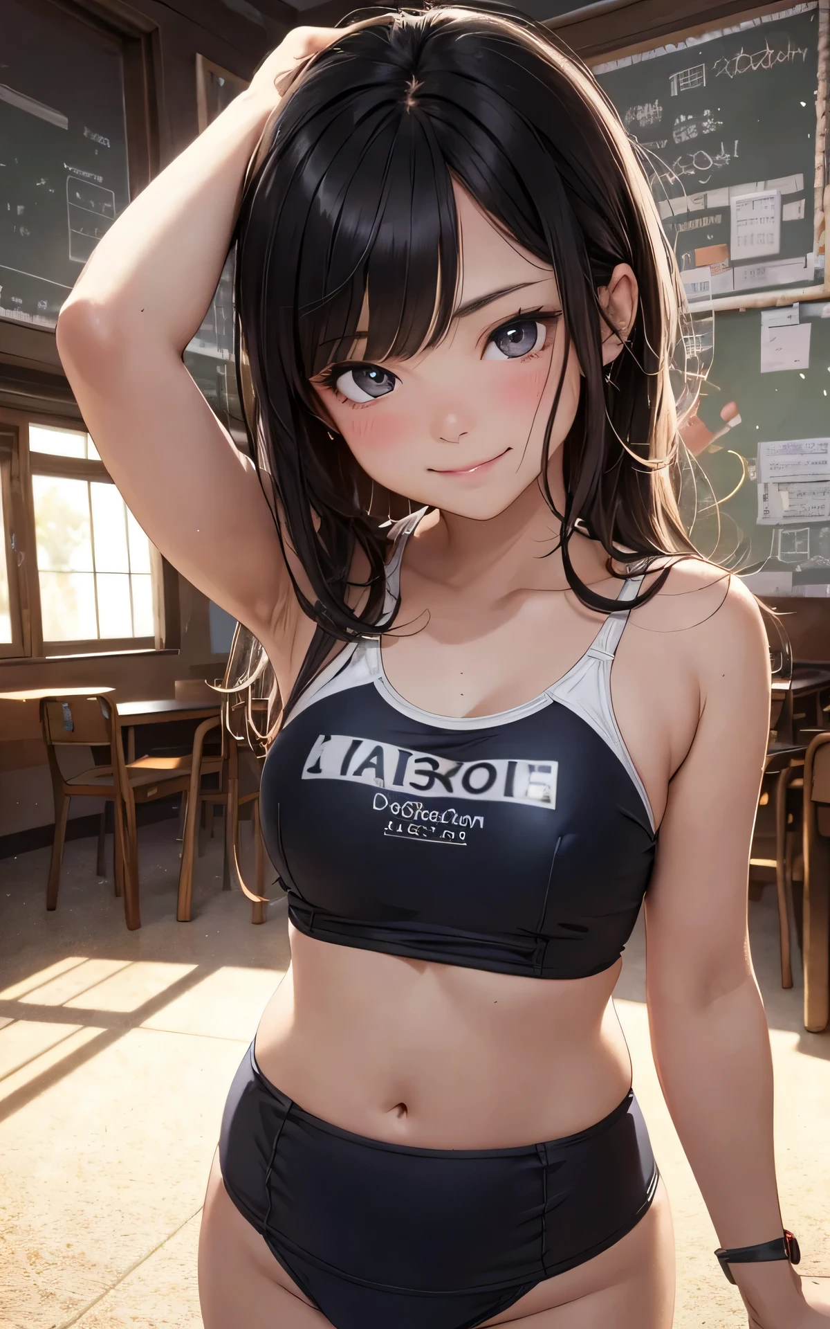 Unity 16K Wallpaper, Masterpiece, Best Quality, Ultra-Detailed, Extremely Detailed CG, Caustics, Cinematic Lighting, Detailed, Beautiful Detailed Eyes, realistic skin texture, 1girl, young girl, darkbrown eyes, adorable, (photorealistic:1.5, school swimwear,:1.5), sunlight, (beautiful black hair:1.3, blush, :1.3), cowboy shot, smile
