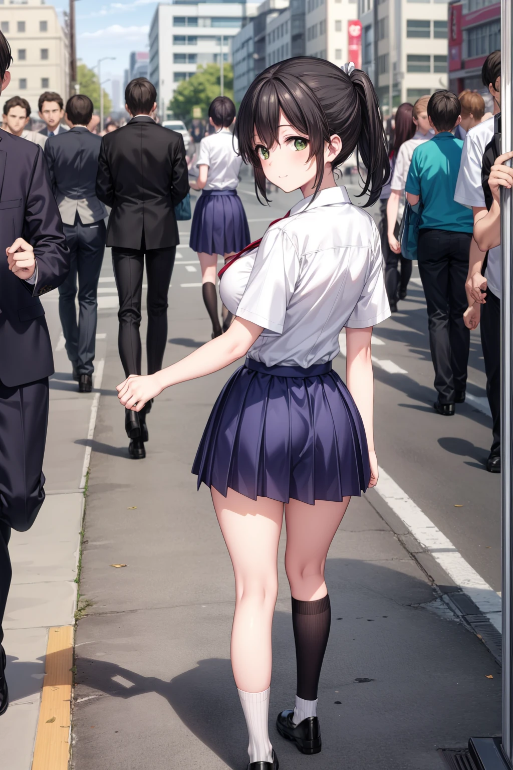 masterpiece, best quality,1girl,young girl, akane yoshizawa, black hair, ponytail, (green eyes:1.5), swept bangs, long hair, evil smile,shiny skin,(nice leg line:1.3),thick thighs,thin waist,huge breasts
BREAK
school uniform, skirt, shirt, ribbon, school uniform, white shirt, short sleeves, pleated skirt, shoes, socks, blue skirt, white socks, collared shirt, red ribbon,
BREAK
city,crowd,depth of field,looking at viewer,standing,from behind,full body,legsupsexms