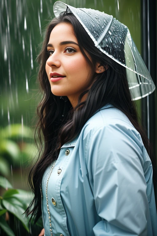 "Craft a scene where a very beautiful 23-year-old woman embraces the rain, each raindrop telling a story of resilience and elegance. How does the weather mirror her emotions and enhance her natural allure?"