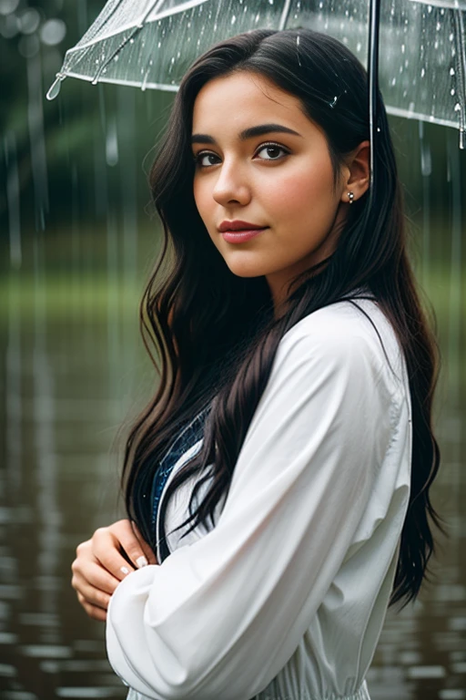 "Craft a scene where a very beautiful 23-year-old woman embraces the rain, each raindrop telling a story of resilience and elegance. How does the weather mirror her emotions and enhance her natural allure?"