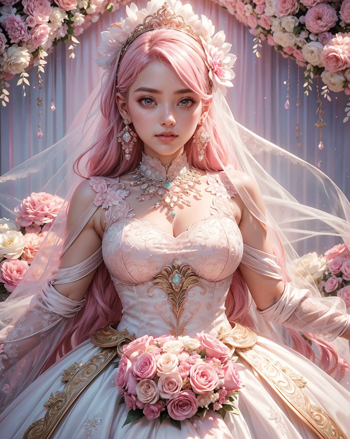 (1girl:1.3), extremely detailed,(fractal art:1.1),(colorful:1.1)(flowers:1.3),highest detailed,(zentangle:1.2), (dynamic pose),   (shiny skin),  ,(earrings:1.4),  slim girl, masterpiece,studio ghibli style,highly intricate,highly detailed,photorealism style  (background: a wedding stage decorated with pink and white flowers, pink and white color scheme, exquisitely designed throne room, pink and white colour scheme, ornate backdrop, silver and pink color schemes, white and pink color scheme, cream and pink color scheme, pink and white color scheme, pink flowers accents, cyan and gold scheme, white and gold color scheme) a woman is dressed in a pink  mini skirt dress and veil, hana alisa omer, luxurious wedding, wearing a pink ballroom gown, offset photography, white transparent veil, professional wedding photography, international photography awards, romantic gown, brilliant pink ball gown, ethereal and dreamy theme, wearing pink romantic tutu, sony world photography awards, beautiful wedding dress, red carpet photography, expert figure photography.