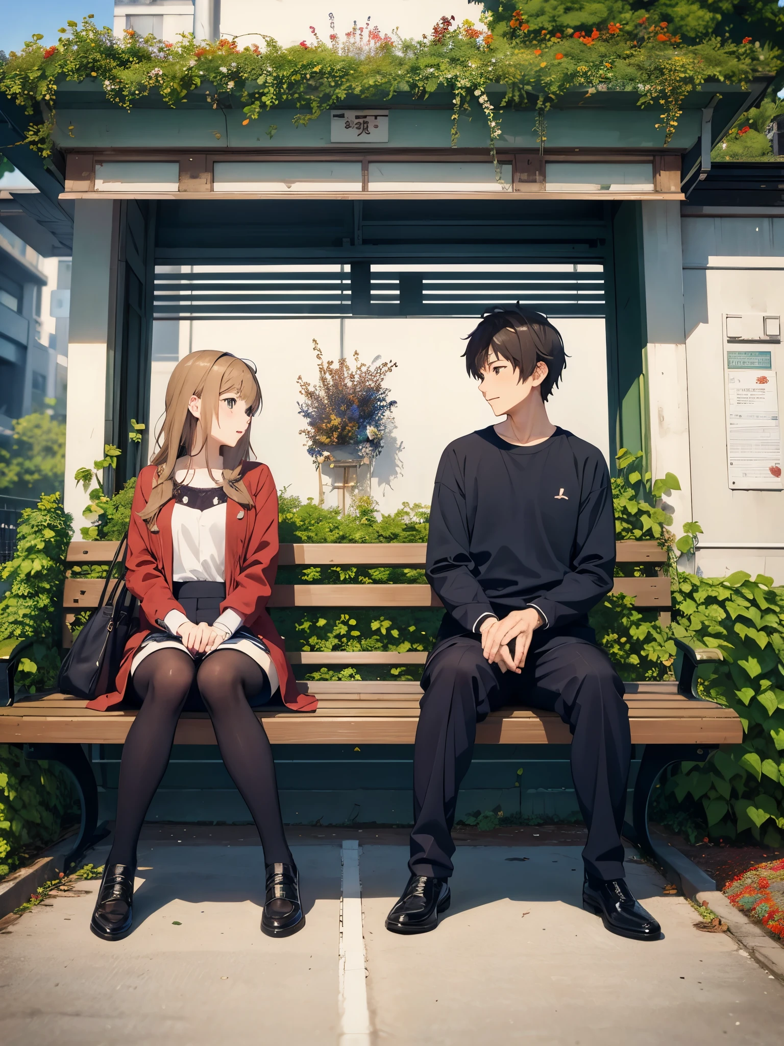 anime illustration、masterpiece、Couple sitting on a bench at the station、、An urban station platform wrapped in ivy and dried flowers