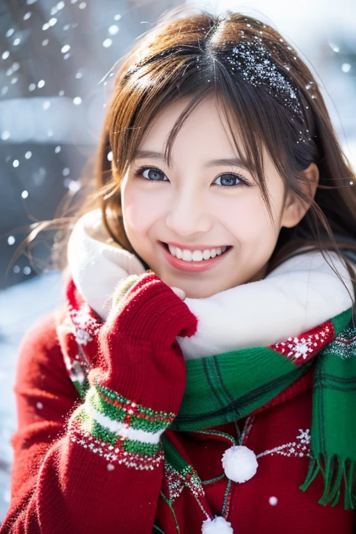 Japan girl pretty cheerful smile big girl lace skin visible through snow white shirt、Two-tone shorthair: Glossy burgundy and brown,,,、Black eyes、Photograph from the knee up、in snow、covered in snow、Snow on the body、(Yuki)、in 8K,