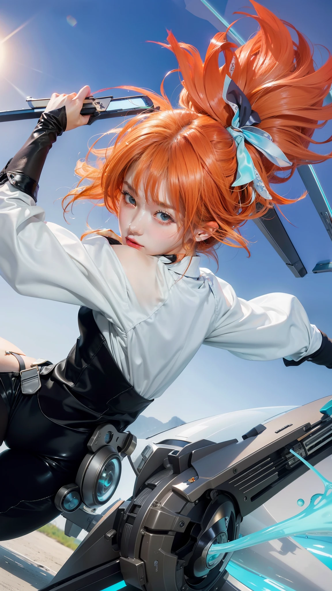 Masterpiece, 1 beautiful girl, detailed eyes, swollen eyes, top quality, super high res, (Reality: 1.4), cinematic lighting, Japanese, Asian beauty, Korean, very beautiful, beautiful skin, slender, body facing forward, (super realistic), (high res), (8K), (very detailed), ( Best Illustration), (beautifully detailed eyes), (super detailed), (wallpaper), detailed face, bright lighting, professional lighting, looking at viewer, facing straight ahead, neat clothes, short hair, orange hair, pureerosfaceace_v1, 46 point slanted bangs, hotel room with morning sun in the background, window The background is a hotel room with the morning sun shining through the window, a clear ocean outside, and an angle from the waist up, green