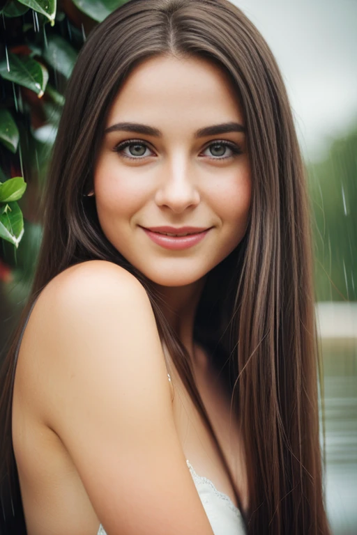 "Craft a scene where a very beautiful 23-year-old woman embraces the rain, each raindrop telling a story of resilience and elegance. How does the weather mirror her emotions and enhance her natural allure?", balanced figure, highlighting person's unique beauty. importance of self-confidence, personal comfort in one's own skin,  female, siductiv, applying, nude, realistic, sexy pose, brown solder length straight hair, half smile, engaging,