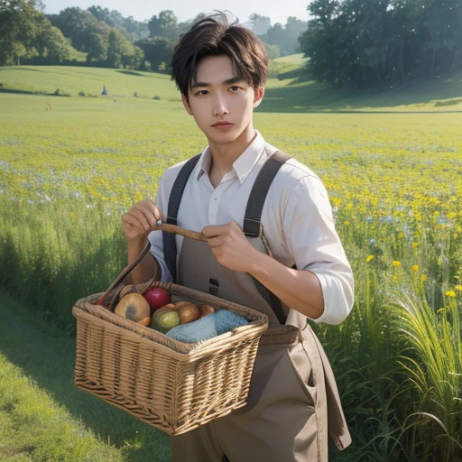 High resolution, Super detailed, masterpiece, highest quality,oriental、Thrift、boy working in the field、grassland、back basket、Front-facing、game poster、