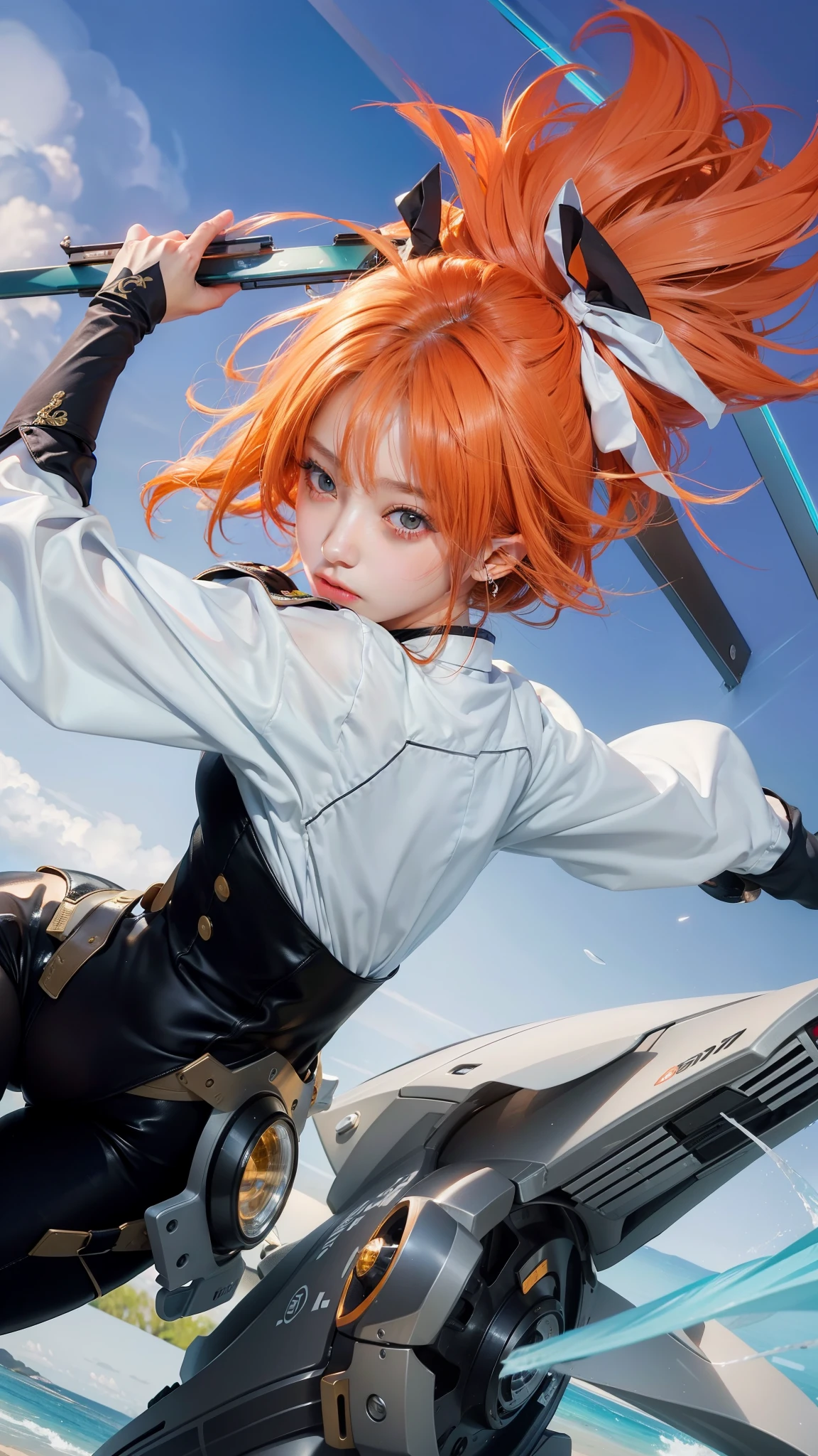 Masterpiece, 1 beautiful girl, detailed eyes, swollen eyes, top quality, super high res, (Reality: 1.4), cinematic lighting, Japanese, Asian beauty, Korean, very beautiful, beautiful skin, slender, body facing forward, (super realistic), (high res), (8K), (very detailed), ( Best Illustration), (beautifully detailed eyes), (super detailed), (wallpaper), detailed face, bright lighting, professional lighting, looking at viewer, facing straight ahead, neat clothes, short hair, orange hair, pureerosfaceace_v1, 46 point slanted bangs, hotel room with morning sun in the background, window The background is a hotel room with the morning sun shining through the window, a clear ocean outside, and an angle from the waist up, green