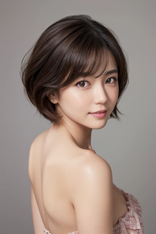 ((highest quality、best image quality、Ultra - High resolution、Drawn in ultra-high definition、solo、Please look closely at the camera、light colored eyes))、1 girl、realistic、Depth of bounds written、natural soft light、Echiechi, Constricted body, adult woman, 30 years old, beautiful and fine eyes, short bob hair, highest quality, masterpiece, Layer Bob Hair, Moist eyes, pixie cut hair, great pose, long term, brown eyes, brown eyes, smile, genuine, glossy lips, Chubby lips, natural makeup, small ass, narrow side, professional lighting, cowboy shot, Self snap, baby doll, simple background, hotel, beautiful decolletage, From above, Rie Yamate, Maiyuki Ito,