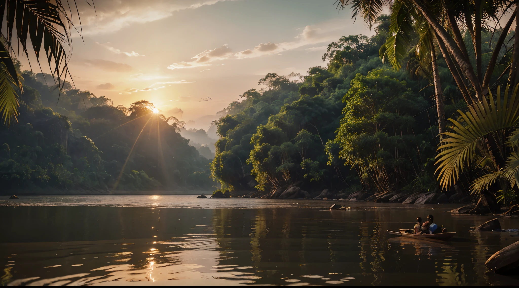 Mekong River, in the jungle of Thailand, at sunset, with realistic textures, ultra hd, realistic, vivid colours, high detail, perfect composition, beautiful detailed complex insanely detailed octane render, artstation trend, 8k art photography, photorealistic concept art, soft natural volumetric cinematic perfect light