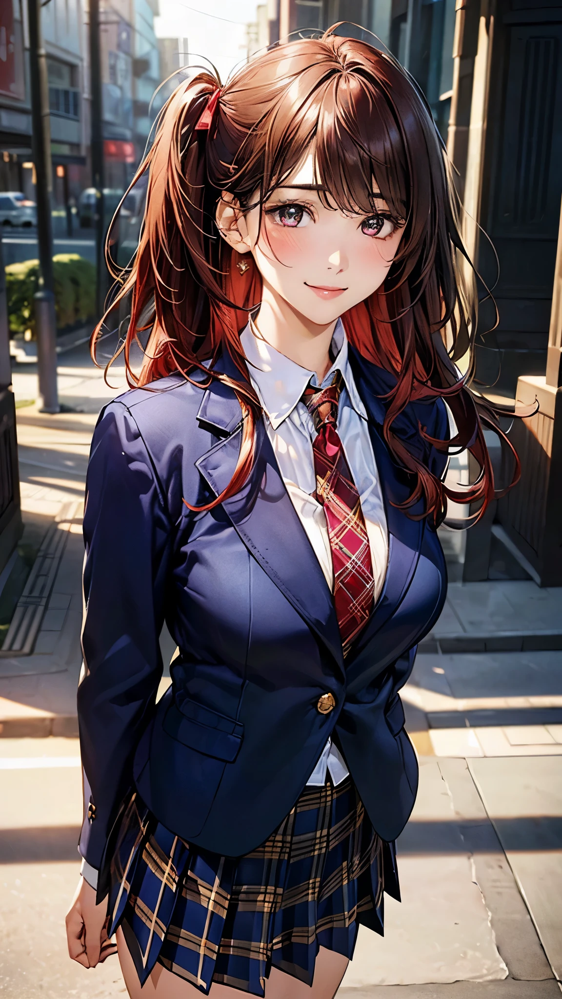 (masterpiece:1.2, top-quality), (realistic, photorealistic:1.4), beautiful illustration, (natural side lighting, movie lighting), 
looking at viewer, cowboy shot, front view, 1 girl, japanese, high school girl, perfect face, cute and symmetrical face, shiny skin, 
(middle hair:1.2, ((two side up:1.2)), brown hair), gold eyes, (large breasts:0.6, seductive thighs), 
beautiful hair, beautiful face, beautiful detailed eyes, beautiful clavicle, beautiful body, beautiful chest, beautiful thigh, beautiful legs, beautiful fingers, 
(((navy blazer, close blazer), white blouse shirt, light blue plaid pleated skirt, red ribbon tie), red hair ribbon), 
(beautiful scenery), evening, riverside, walking, (lovely smile, upper eyes), 