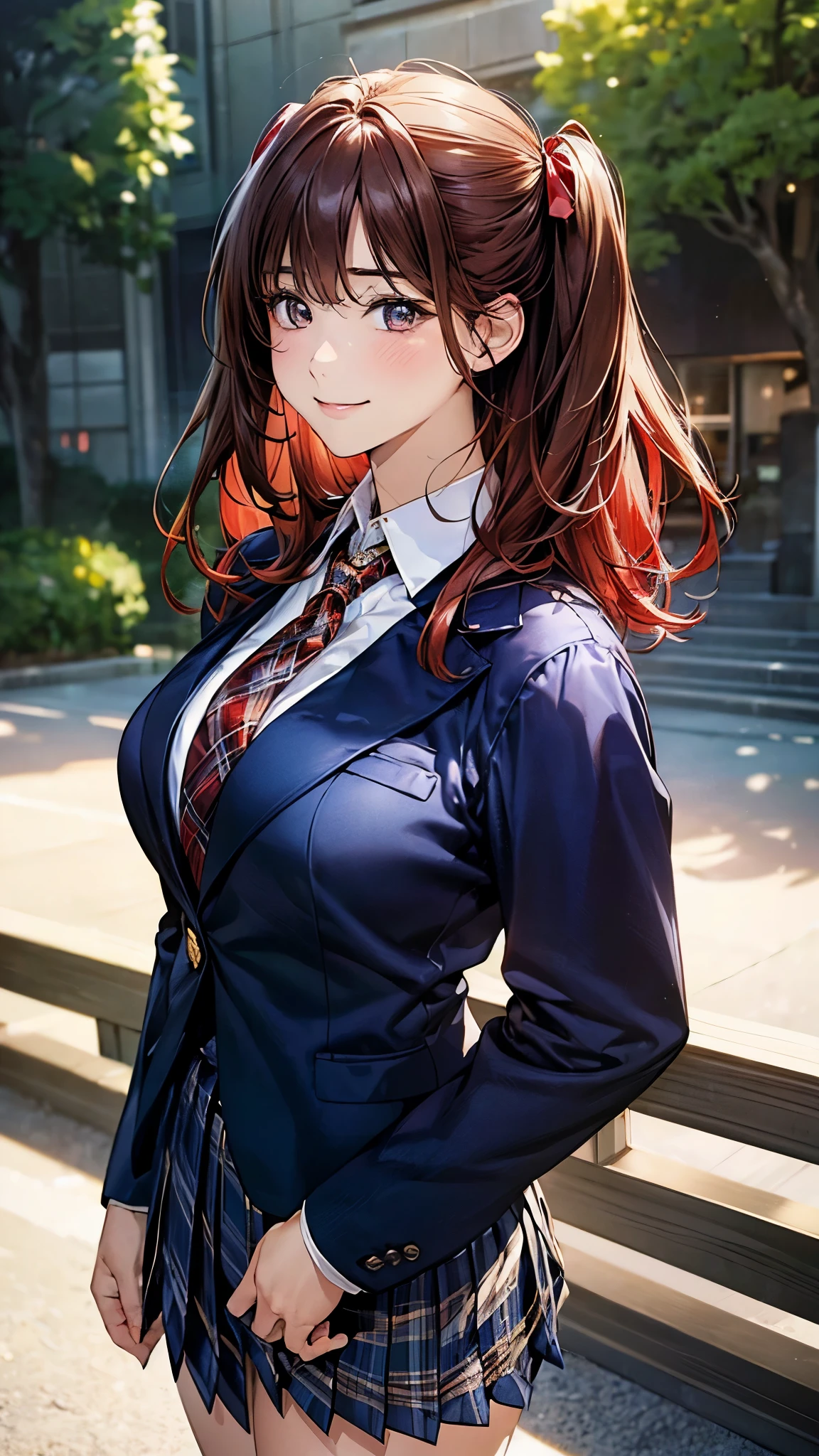 (masterpiece:1.2, top-quality), (realistic, photorealistic:1.4), beautiful illustration, (natural side lighting, movie lighting),
looking at viewer, cowboy shot, front view, 1 girl, japanese, high school girl, perfect face, cute and symmetrical face, shiny skin,
(middle hair:1.2, ((two side up:1.2)), brown hair), gold eyes, (large breasts:0.6, seductive thighs),
beautiful hair, beautiful face, beautiful detailed eyes, beautiful clavicle, beautiful body, beautiful chest, beautiful thigh, beautiful legs, beautiful fingers,
(((navy blazer, close blazer), white blouse shirt, light blue plaid pleated skirt, red ribbon tie), red hair ribbon),
(beautiful scenery), evening, riverside, walking, (lovely smile, upper eyes),