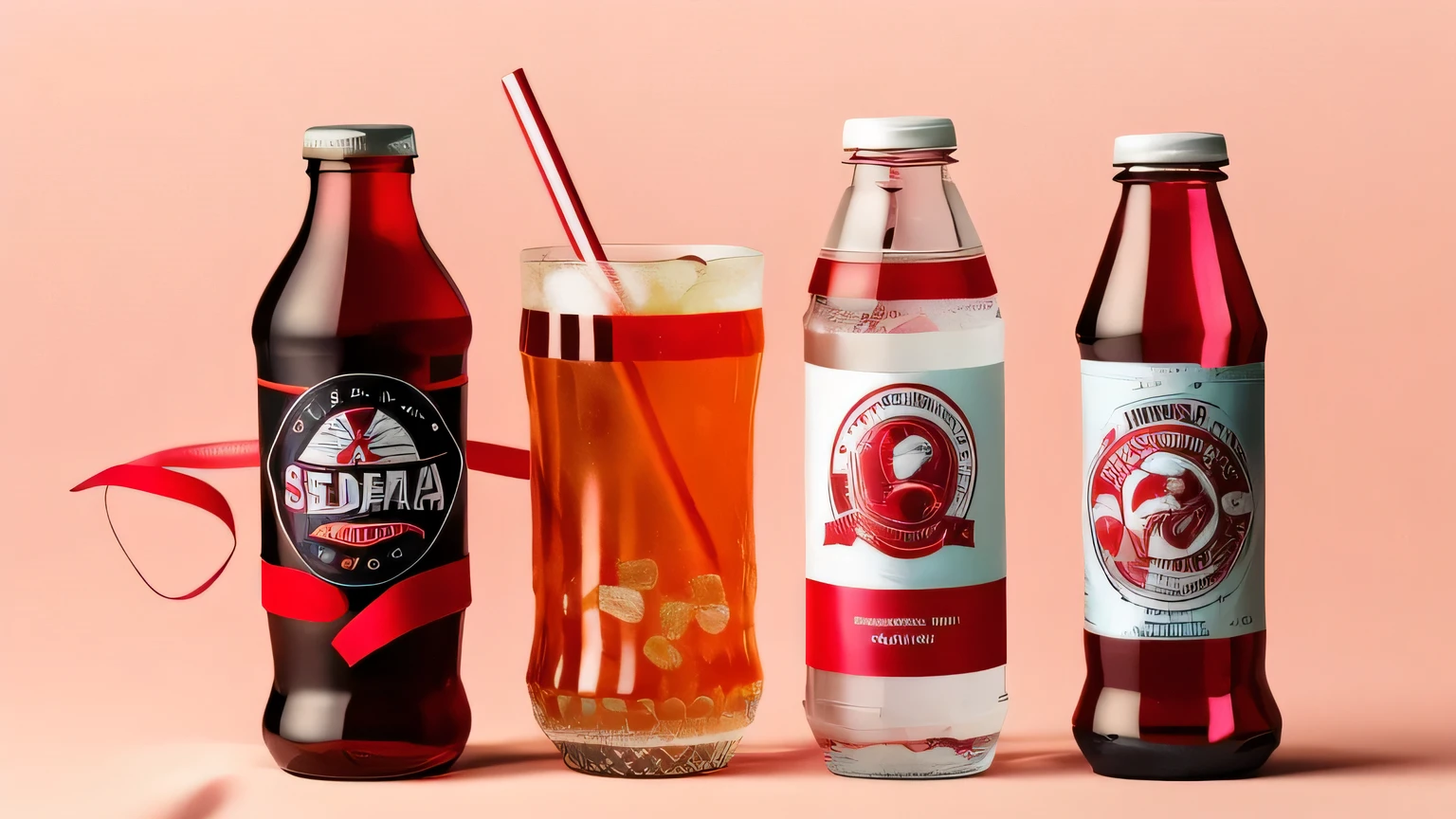 a close up of a bunch of different types of soda, red banners, no gradients, ad image, high quality photo, red ribbon, 64x64, 256x256, 2 5 6 x 2 5 6, 6k, 6 k, 1614572159, red pennants