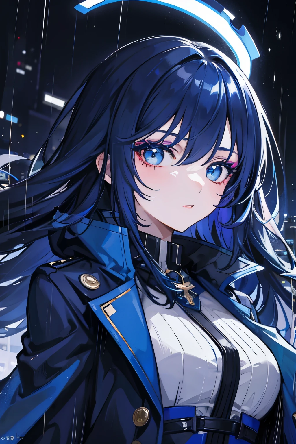 1girl, with vibrant makeup, in a night city covered in heavy rain, wearing an elegant blue coat, looking up with a confident expression.