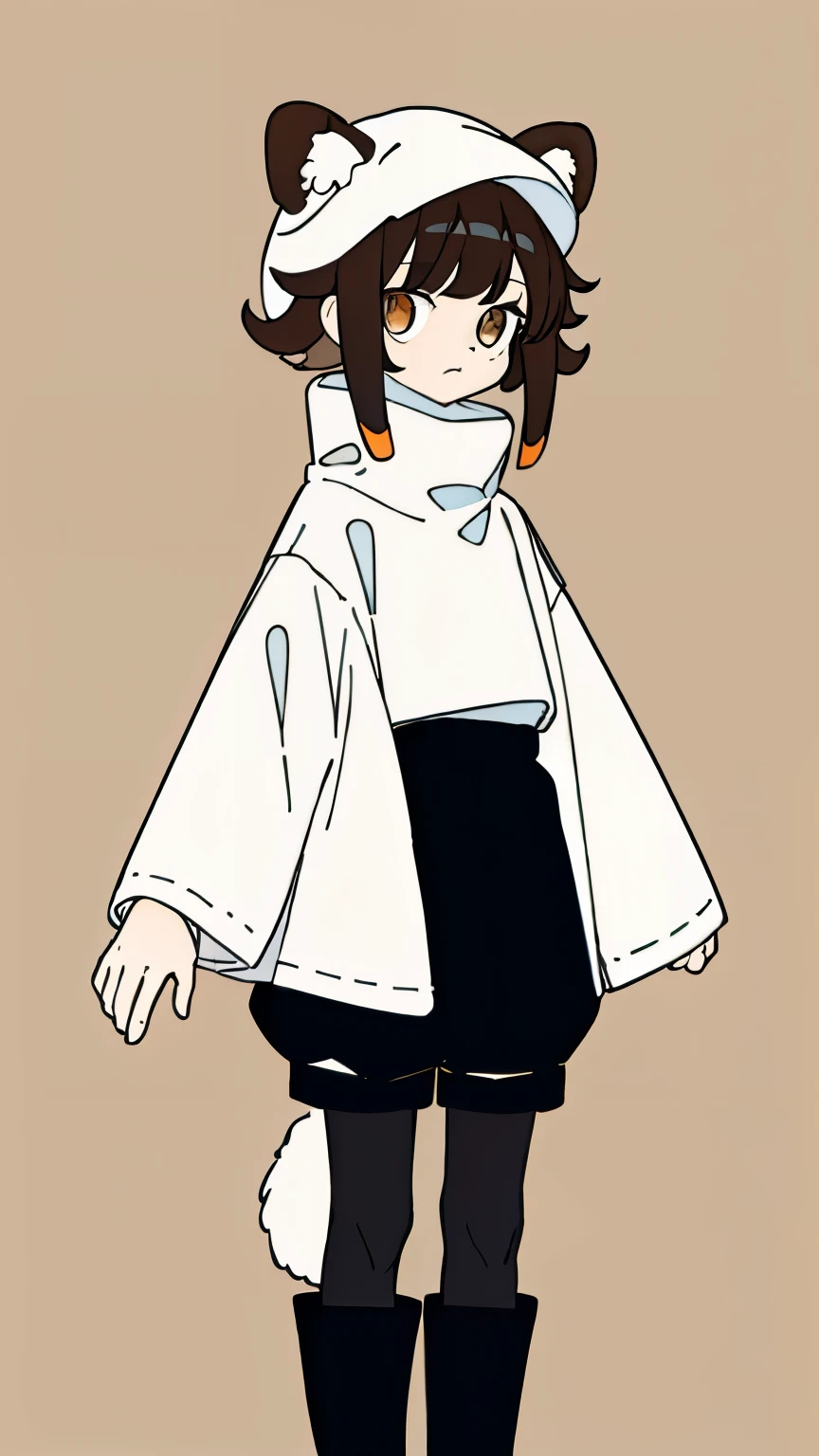 (masterpiece, Best quality) ,whole body,10 years old boy, shorts, long-sleeve sweater with earflaps, hat with down dog ears, bored expression, brown fluffy thick hair, Bright eyes , (One), standing, (masterpiece), ((Best quality)), (ultra detailed), detailed information, flat colors, Colorful, (1other:1.1), Tachi-e, no designs on clothes, rubber boots, black tights, wrapped up