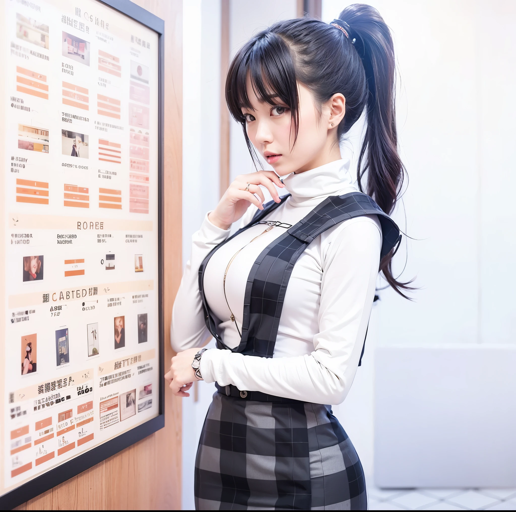 Anna yamada, danger in my heart, woman, middle age, busty, black ponytail hair, white turtleneck inner, black outer with squares pattern, pierce