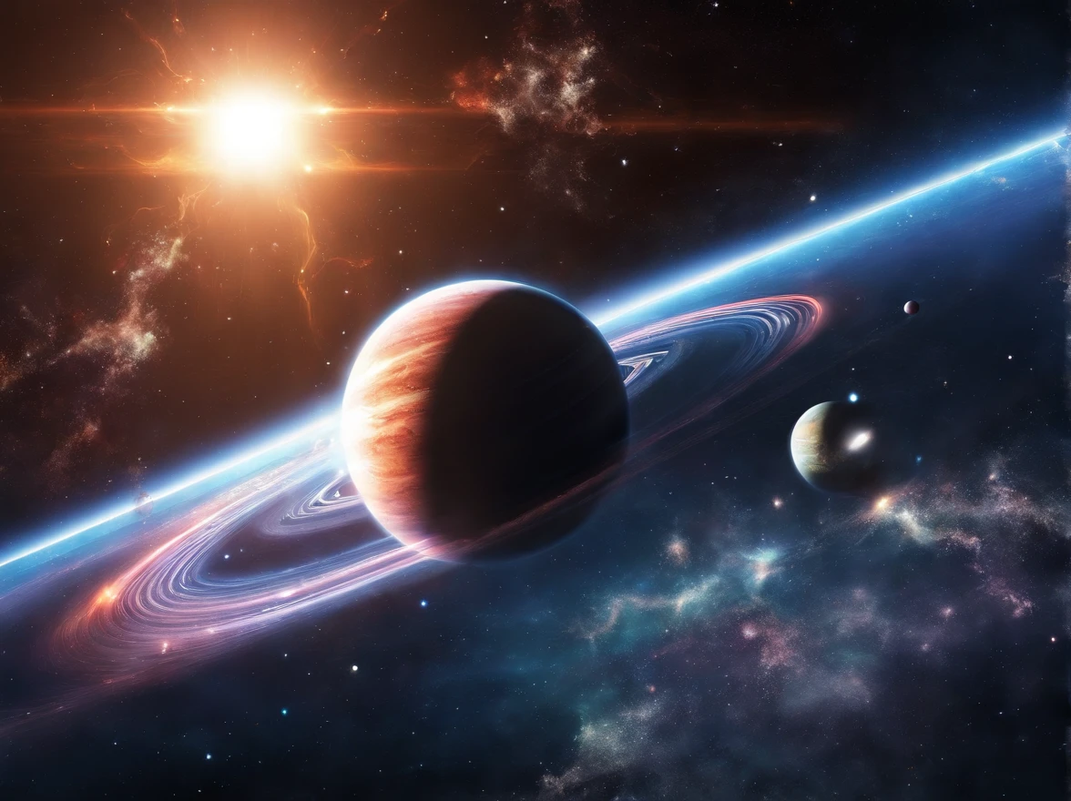 God creating the universe, several planets spread in space, stars, sun, emphasis on planet Earth, Realism, Op art, glowing light, god rays, ray tracing, UHD, masterpiece, super detail, high quality, best quality, highres, 8k