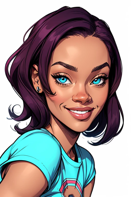 (cartoon style:1.2), Drawings of ([Rihanna]), portrait, wearing blue t-shirt, short skirts, smile, perfect eyes, detailed face, white background, fun posing, flirty look, Centered, scale to fit the dimensions