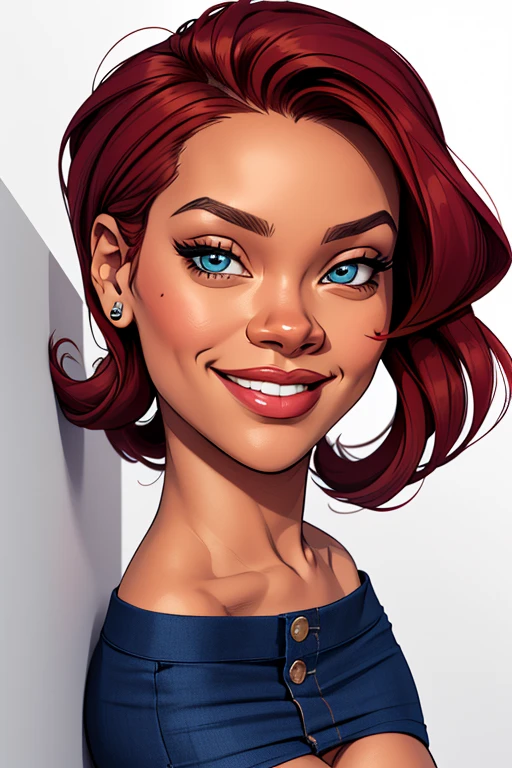 (cartoon style:1.2), Drawings of ([Rihanna]), portrait, wearing blue t-shirt, short skirts, smile, perfect eyes, detailed face, white background, fun posing, flirty look, Centered, scale to fit the dimensions