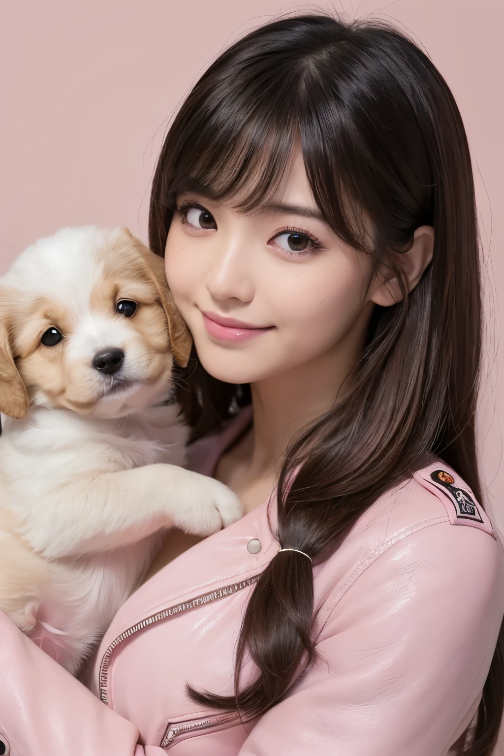 (1 woman、Japanese、20-year-old、Refreshing、clear、seems kind、stylish、attractive narrow eyes、Pitiful、天使のようにcute、cute、black eyes、Idol,actress,big breasts),(big :1.4).(very cute)、,(highlight on eyes:1.4),(broun hair),enchanting eyes、(small mole under left eye),beak,(8K、Live shooting、highest quality、masterpiece:1.2、optimal lighting)、(medium long hair, blunt bangs),masterpiece,(Photo taken by a professional photographer),(real、フォトreal:1.4),break,{(pink theme:1.4),motorcycle police uniform,(pink leather jacket),(police emblem:1.4),(bratop)}, happy smile,cleavage,(1dog,puppy),(holding a puppy)