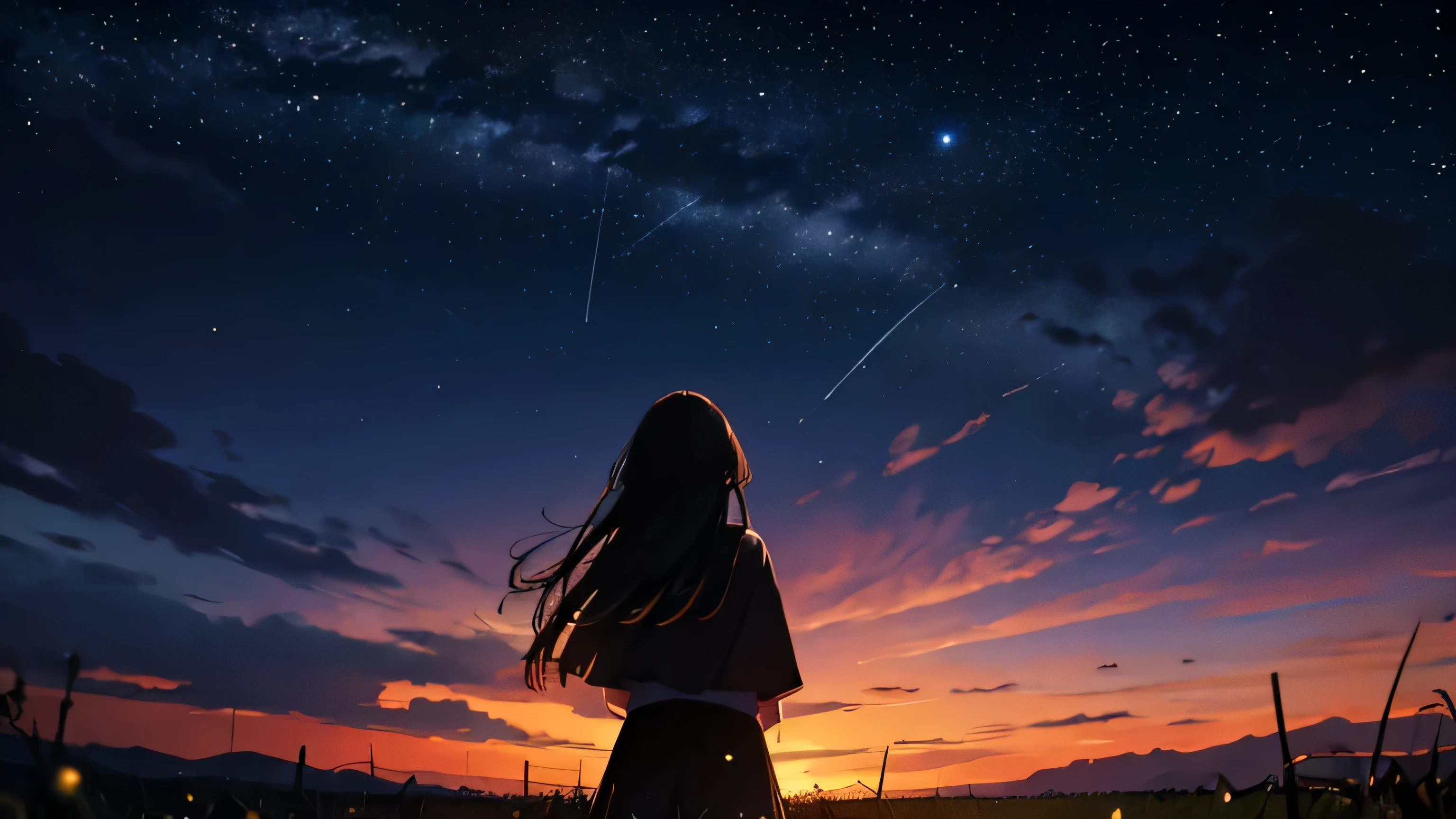1girl, staring at the sky, long hair, cosmic sky, shooting stars, gazed to the sky, meadow, fireflies, masterpiece