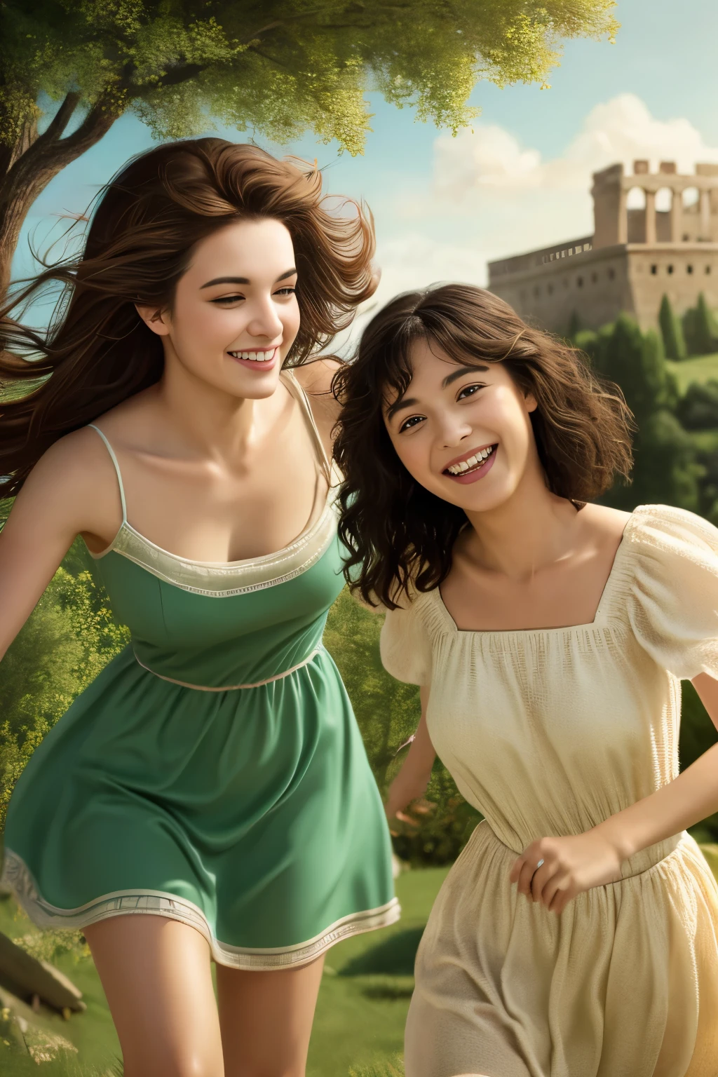 Ancient Roman ruins,landscape in the style of Poussin,A smile,Sweet and seductive appearance.Hair disheveled in the wind,Two women frolicking,Cute smile, Expression of ecstasy,A sexy,erotick,illustration,Best resolution: 16K, Ultra HD,Bokeh,CG, best qualtiy,offcial art,Beauty and aesthetics:1.2,UHD,DSLR