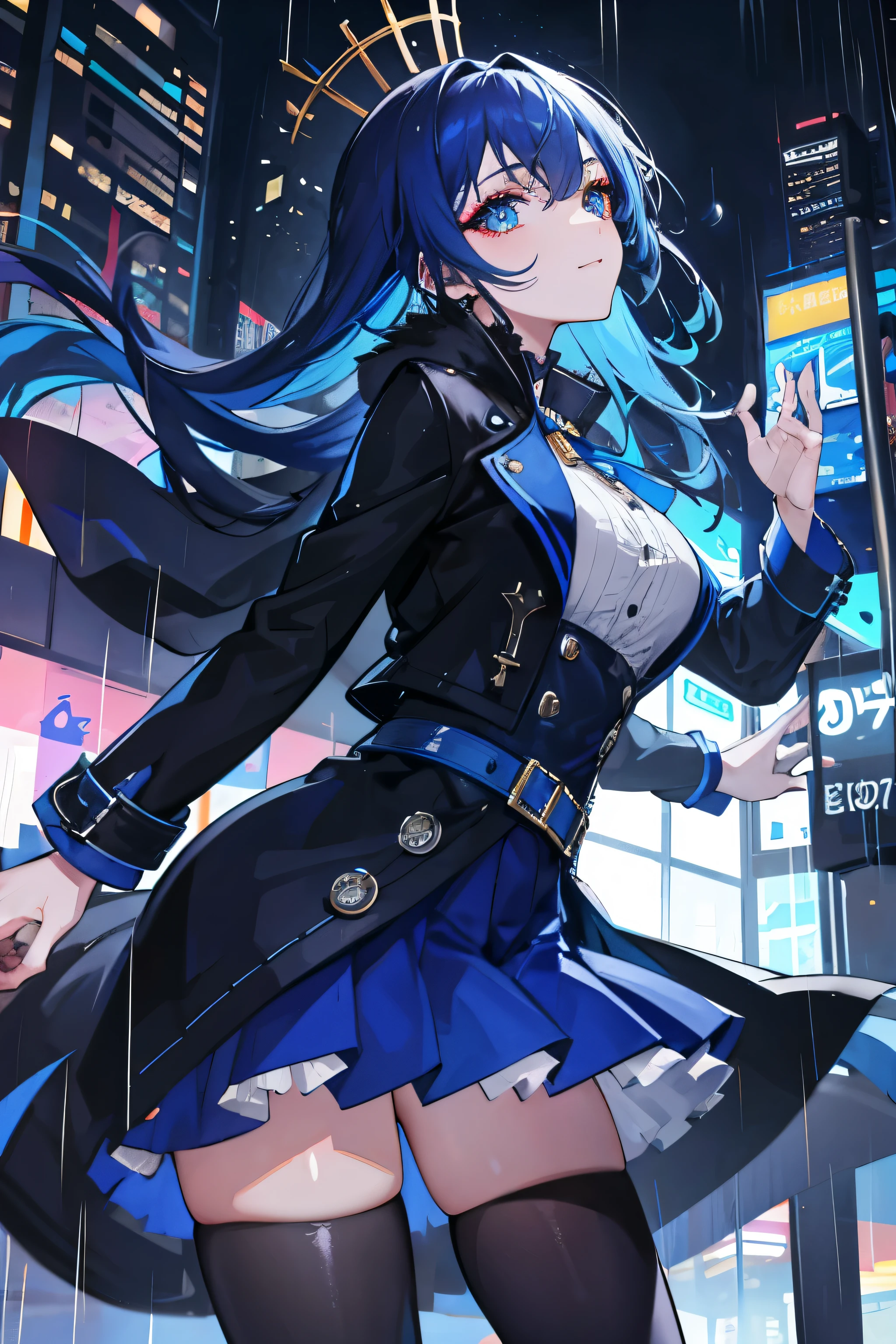 1girl, with vibrant makeup, in a night city covered in heavy rain, wearing an elegant blue coat, looking up with a confident expression.