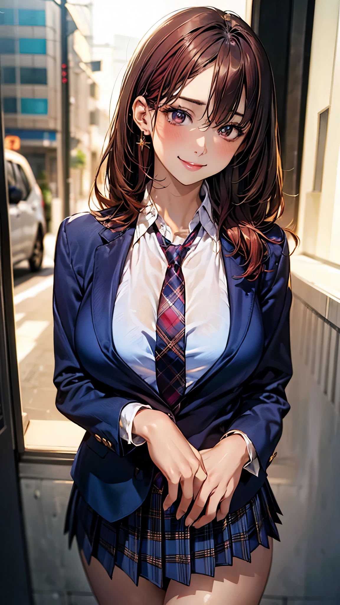 (masterpiece:1.2, top-quality), (realistic, photorealistic:1.4), beautiful illustration, (natural side lighting, movie lighting),
looking at viewer, cowboy shot, front view, 1 girl, japanese, high school girl, perfect face, cute and symmetrical face, shiny skin,
(middle hair:1.2, ((two side up:1.2)), brown hair), gold eyes, (large breasts:0.6, seductive thighs),
beautiful hair, beautiful face, beautiful detailed eyes, beautiful clavicle, beautiful body, beautiful chest, beautiful thigh, beautiful legs, beautiful fingers,
(((navy blazer, close blazer), white blouse shirt, light blue plaid pleated skirt, red ribbon tie), red hair ribbon),
(beautiful scenery), evening, riverside, walking, (lovely smile, upper eyes),