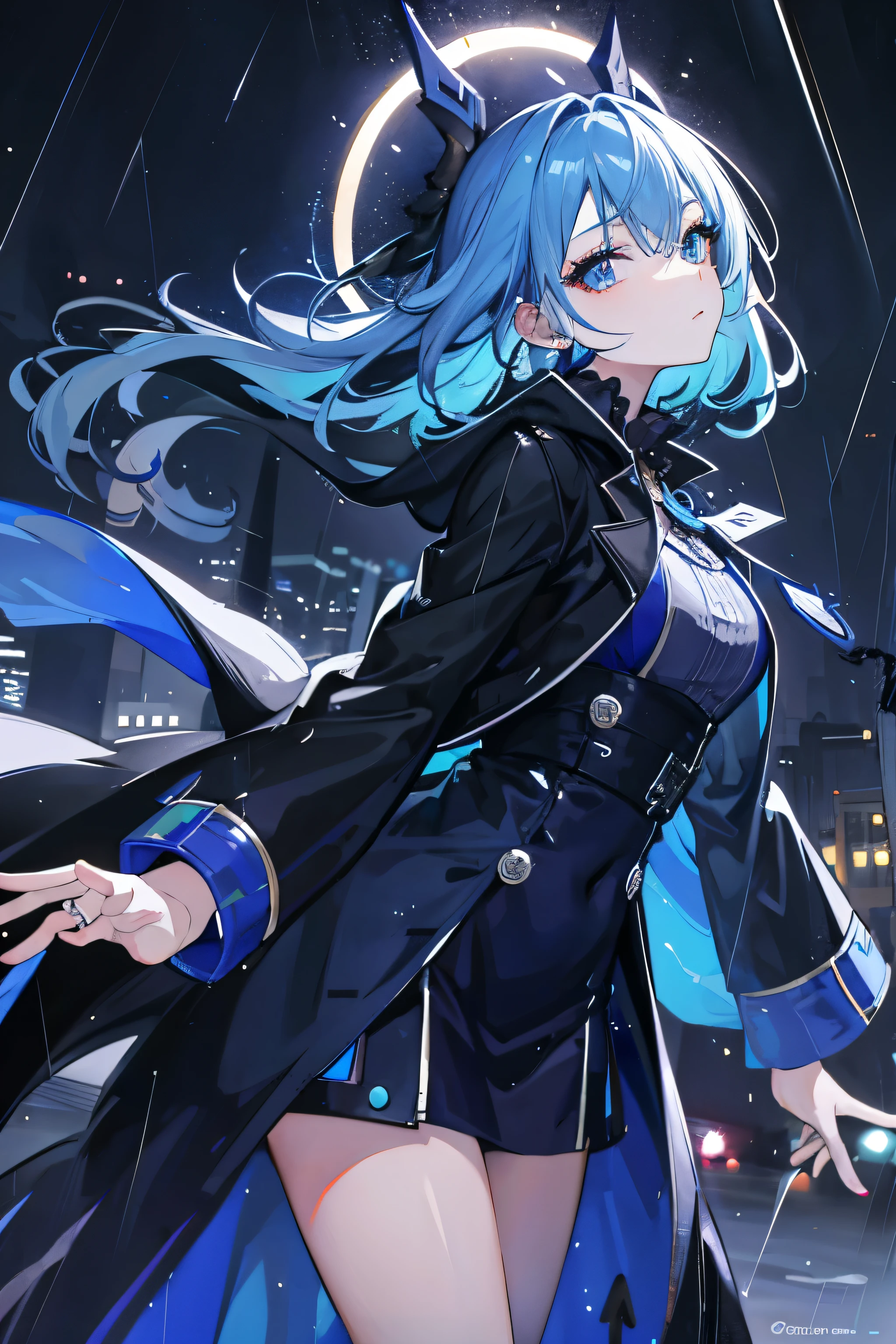 1girl, with vibrant makeup, in a night city covered in heavy rain, wearing an elegant blue coat, looking up with a confident expression.