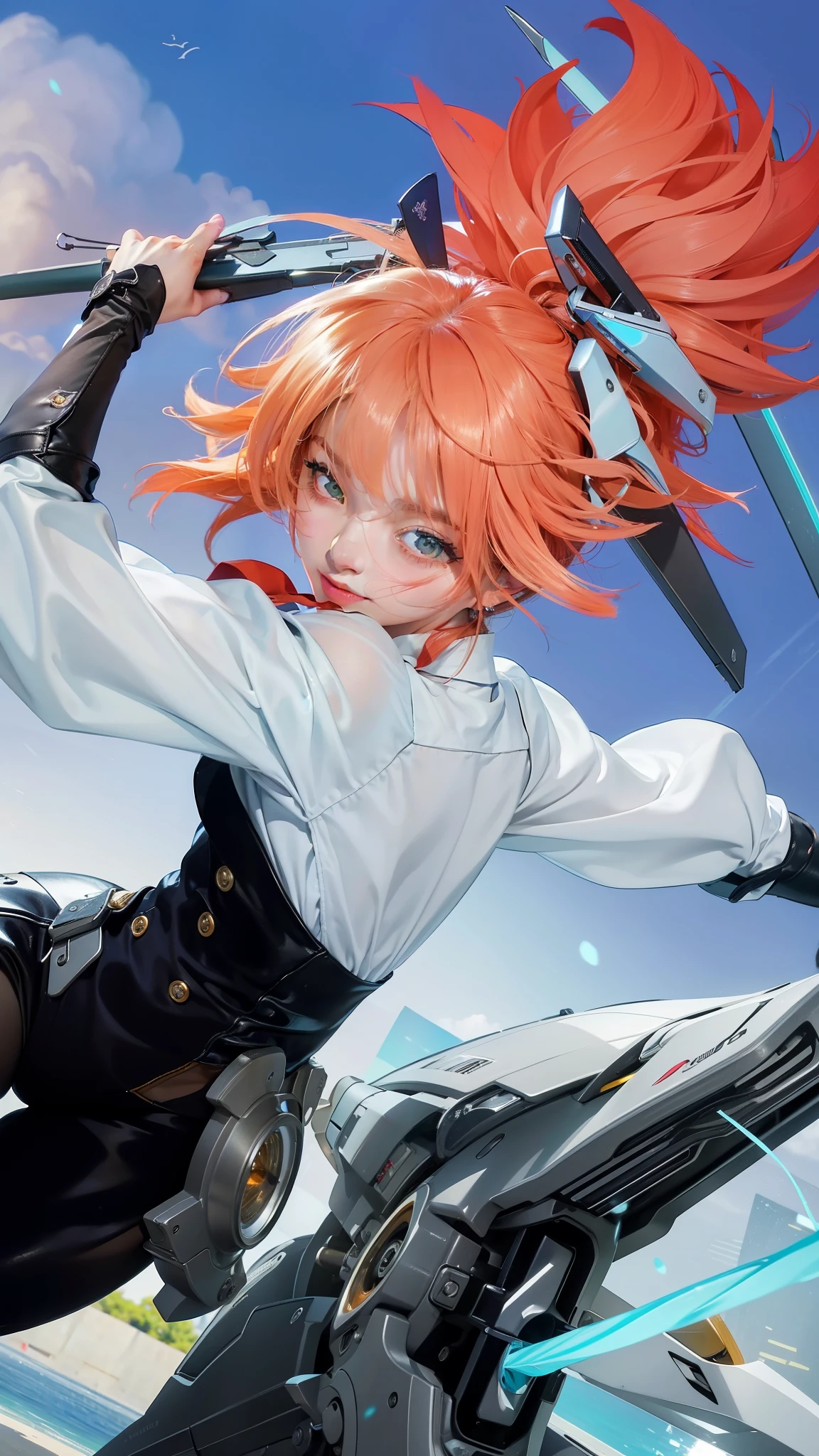 Masterpiece, 1 beautiful girl, detailed eyes, swollen eyes, top quality, super high res, (Reality: 1.4), cinematic lighting, Japanese, Asian beauty, Korean, very beautiful, beautiful skin, slender, body facing forward, (super realistic), (high res), (8K), (very detailed), ( Best Illustration), (beautifully detailed eyes), (super detailed), (wallpaper), detailed face, bright lighting, professional lighting, looking at viewer, facing straight ahead, neat clothes, short hair, orange hair, pureerosfaceace_v1, 46 point slanted bangs, hotel room with morning sun in the background, window The background is a hotel room with the morning sun shining through the window, a clear ocean outside, and an angle from the waist up, green