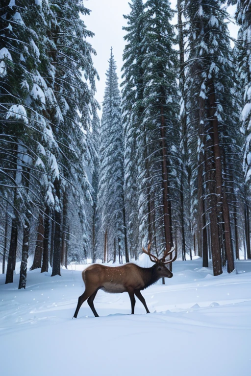Elk in winter snow forest