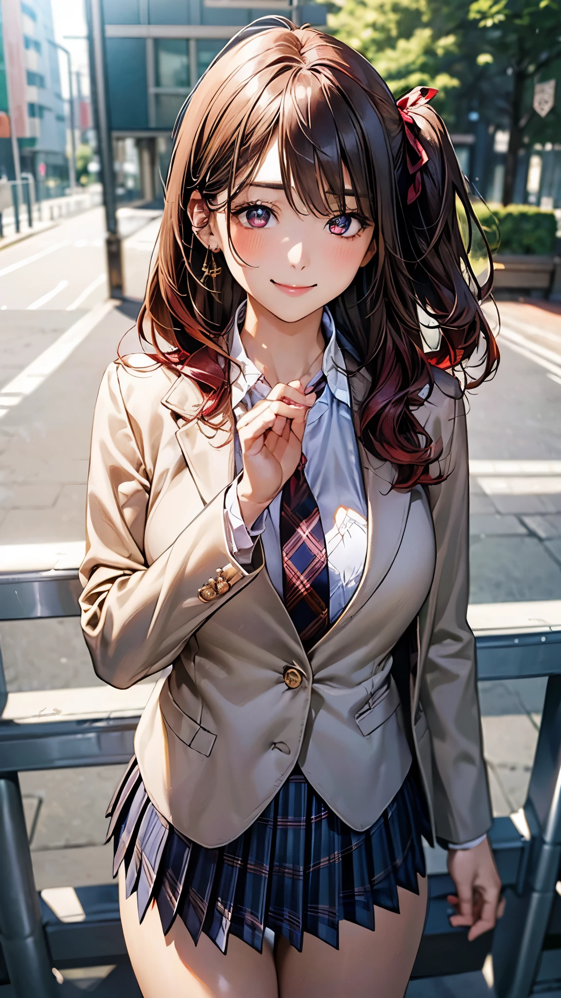 (masterpiece:1.2, top-quality), (realistic, photorealistic:1.4), beautiful illustration, (natural side lighting, movie lighting),
looking at viewer, cowboy shot, front view, 1 girl, japanese, high school girl, perfect face, cute and symmetrical face, shiny skin,
(middle hair:1.2, ((two side up:1.2)), brown hair), gold eyes, (large breasts:0.6, seductive thighs),
beautiful hair, beautiful face, beautiful detailed eyes, beautiful clavicle, beautiful body, beautiful chest, beautiful thigh, beautiful legs, beautiful fingers,
(((navy blazer, close blazer), white blouse shirt, light blue plaid pleated skirt, red ribbon tie), red hair ribbon),
(beautiful scenery), evening, riverside, walking, (lovely smile, upper eyes),