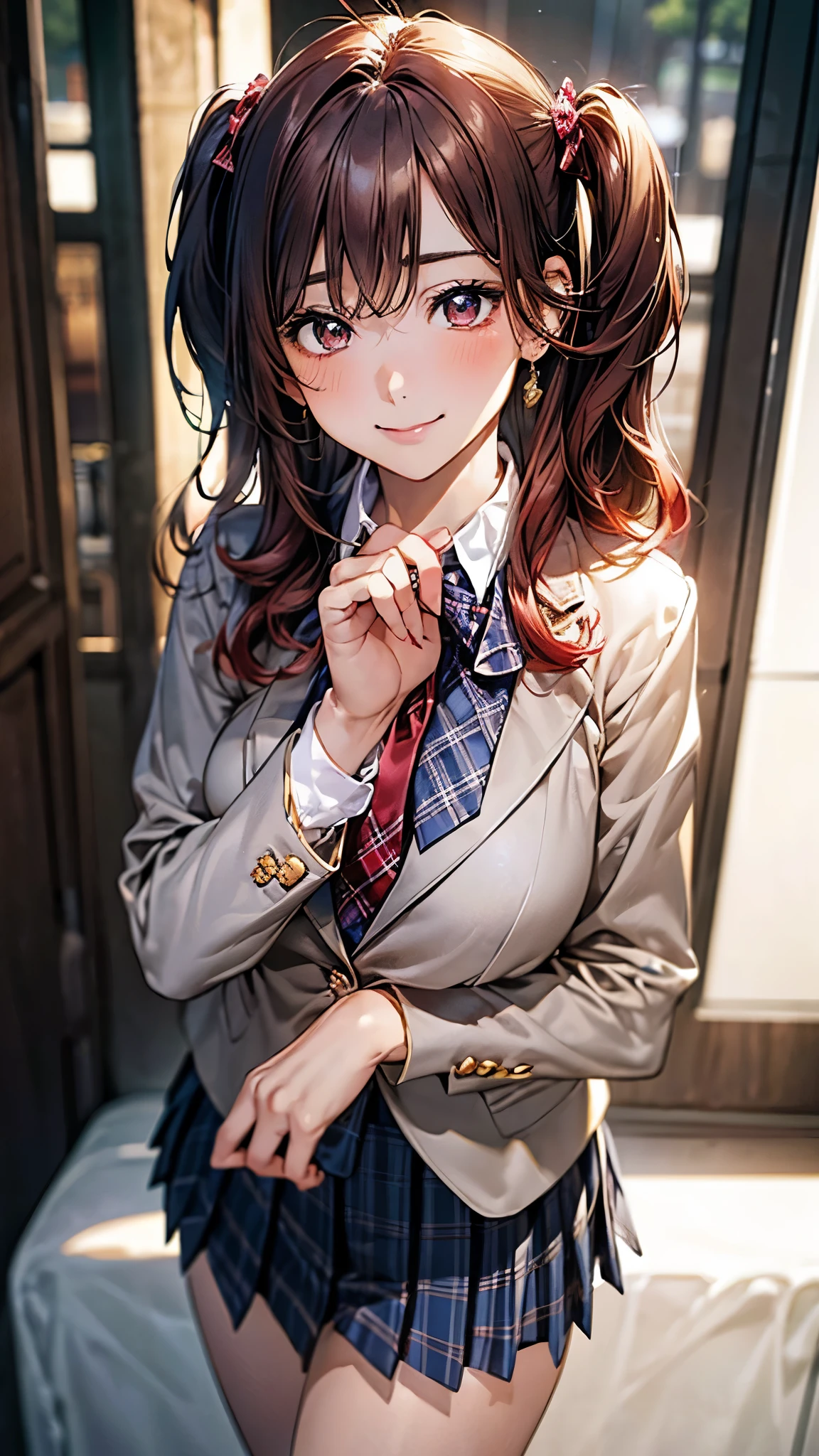 (masterpiece:1.2, top-quality), (realistic, photorealistic:1.4), beautiful illustration, (natural side lighting, movie lighting),
looking at viewer, cowboy shot, front view, 1 girl, japanese, high school girl, perfect face, cute and symmetrical face, shiny skin,
(middle hair:1.2, ((two side up:1.2)), brown hair), gold eyes, (large breasts:0.6, seductive thighs),
beautiful hair, beautiful face, beautiful detailed eyes, beautiful clavicle, beautiful body, beautiful chest, beautiful thigh, beautiful legs, beautiful fingers,
(((navy blazer, close blazer), white blouse shirt, light blue plaid pleated skirt, red ribbon tie), red hair ribbon),
(beautiful scenery), evening, riverside, walking, (lovely smile, upper eyes),