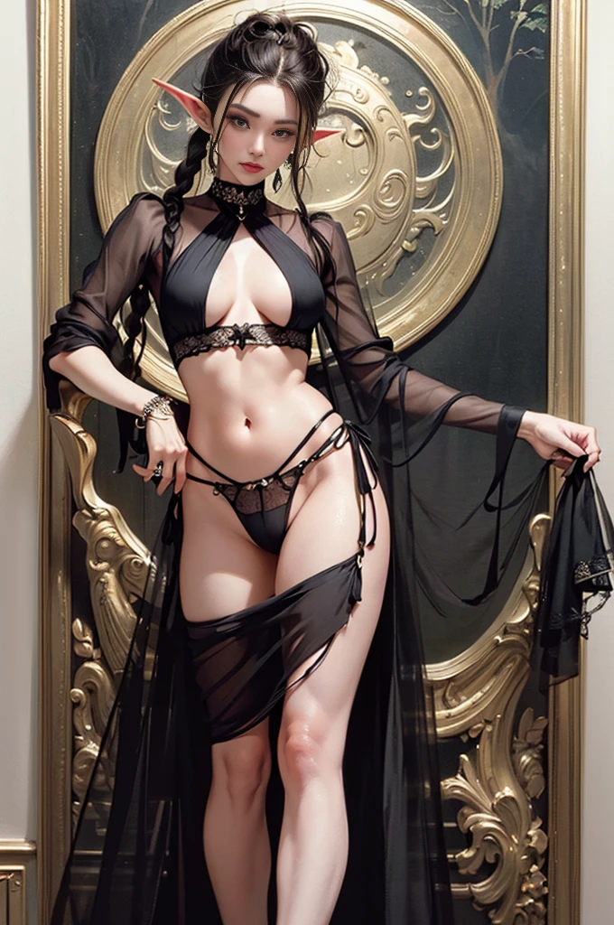 A goth pin picture (Elf: 1.4) as a sadistic queen (best details, masterpiece, best quality :1.5), Super detailed face (best details, masterpiece, best quality :1.5), Hyper-feminine (best details, masterpiece, best quality :1.5), Wearing black strappy underwear, black thong, small thong, Elf耳朵, long braids, comb hair back, blond, Modern bedroom background (best details, masterpiece, best quality :1.5), Super real pictures , best details, best quality, 16k, [Super detailed], masterpiece, best quality, (Very detailed), super wide shot, photorealism, depth of field, hyper-realistic