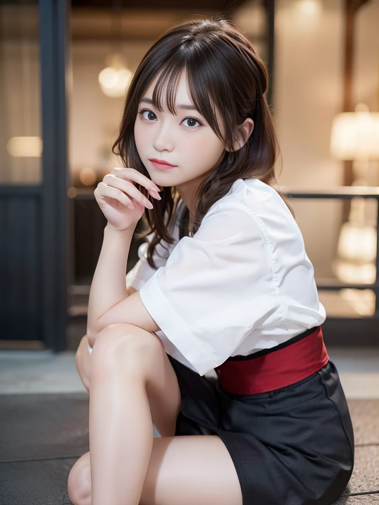 NFSW,In 8K,highest quality:1.4, ultra high resolution:1.5, (realistic:1.4),masterpiece:1.2,(highest quality:1.4)、 RAW photo、 (background is blurry),  1 Japanese girl, cute, (alone:1.4), (melancholy look), smooth skin、 (brown medium hair,bangs),supple fingertips,beautiful black eyes、dual、natural skin texture:1.3, Realistic eye and face details:1.7、medium breasts、daytime、tight ass:1.5、look at the audience,(fine eyes:1.1)、cute、I can see my thighs、sitting with legs apart、Oiran