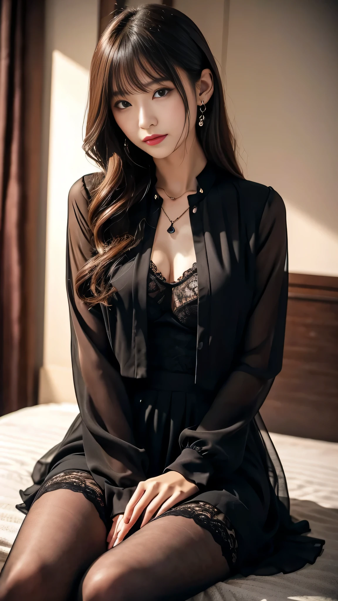 Super detailed、Japanese、charming beauty、Dainty woman、sharp eyes、cool girl、wavy hair、suit、Black chiffon dress、lacy fabric、Jacket、blouse、flare skirt、black pantyhose、Shiny legs、evil female executive、evil depravity、brainwashing、Mind control、lipstick、have lip gloss、grin、邪evilなな表情、evil、empty eyes、邪evilな、in the darkroom、lean back、seductive pose、meanwhile