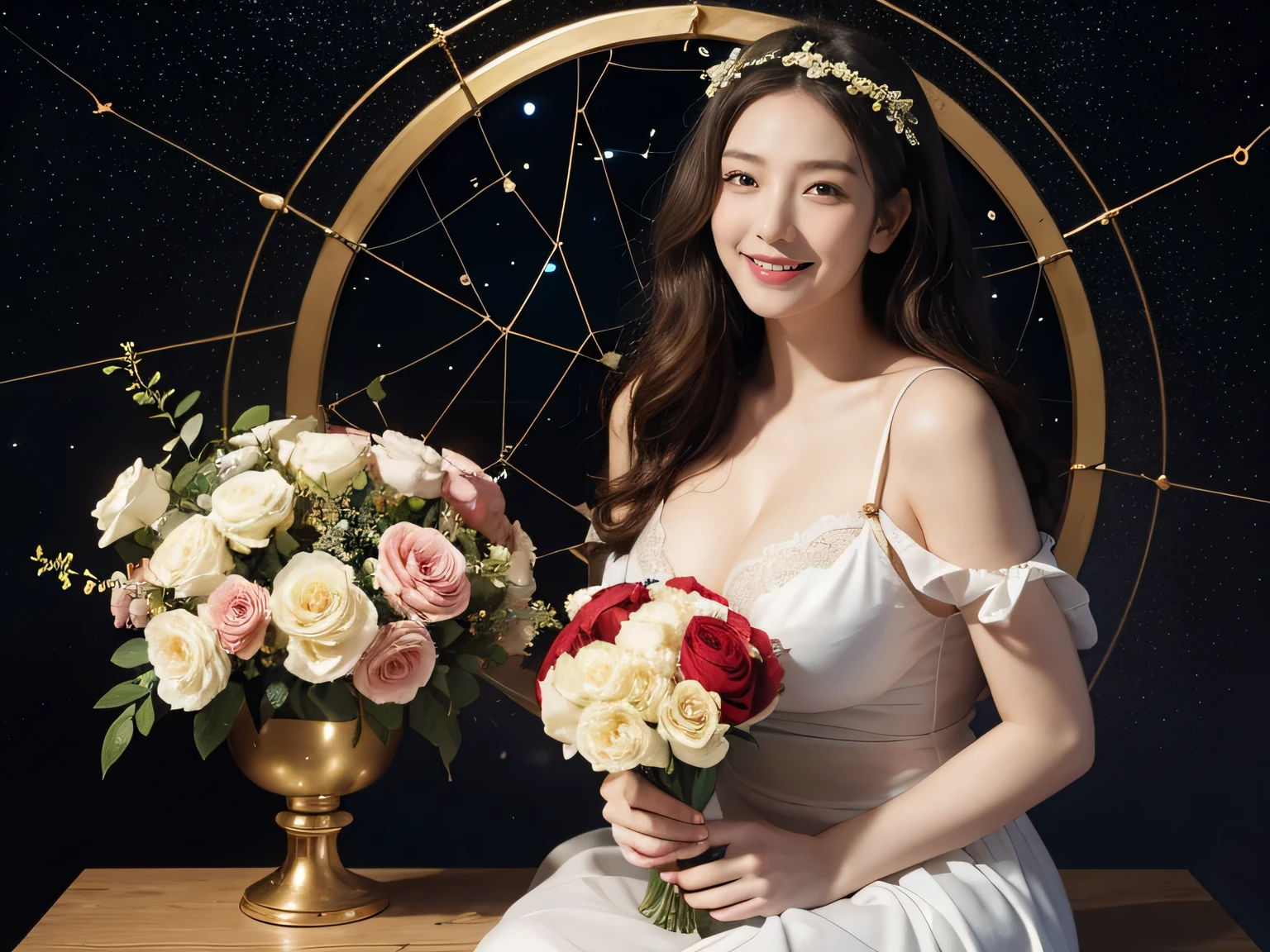 full body portrait or statue、geometry、Stained glass、12 constellations、Vigée Leblanc style、math、astronomical machine、astronaut、roses in vase、fruit、Cute trinkets、smile、ancient greek costume、Sandro Botticelli paintings、Costume that stretches your shoulders、A big smile、expression of ecstasy、sexy、beautiful bare skin、Detailed representation of the seducing woman throughout the body