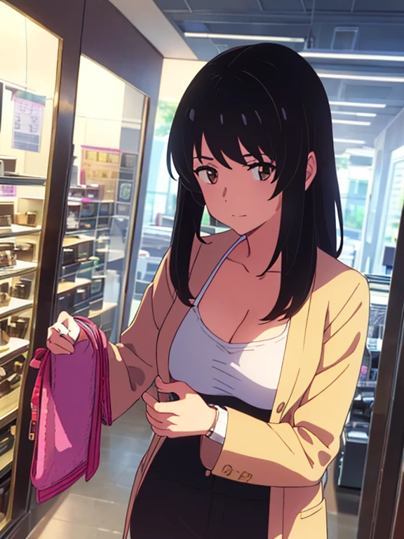 shinkai makoto, kimi no na wa., 1boy, buzzcut,office suit, boy wooing girl, boy caressing girl's body, sexual harassment, 1girl, bangs, black hair, brown eyes, Twisted Half Up, red ribbon, long hair, long sleeve light pink cardigan, open shirt, yellow shirt, cleavage, breast, medium breast, name tag written "LUMINE Miyamizu", looking at the viewer, indoors, jewelry products, jewelry shop, jewelry saleswoman, indoors, mall, masterpiece, perfect anatomy, cowboyshot, 