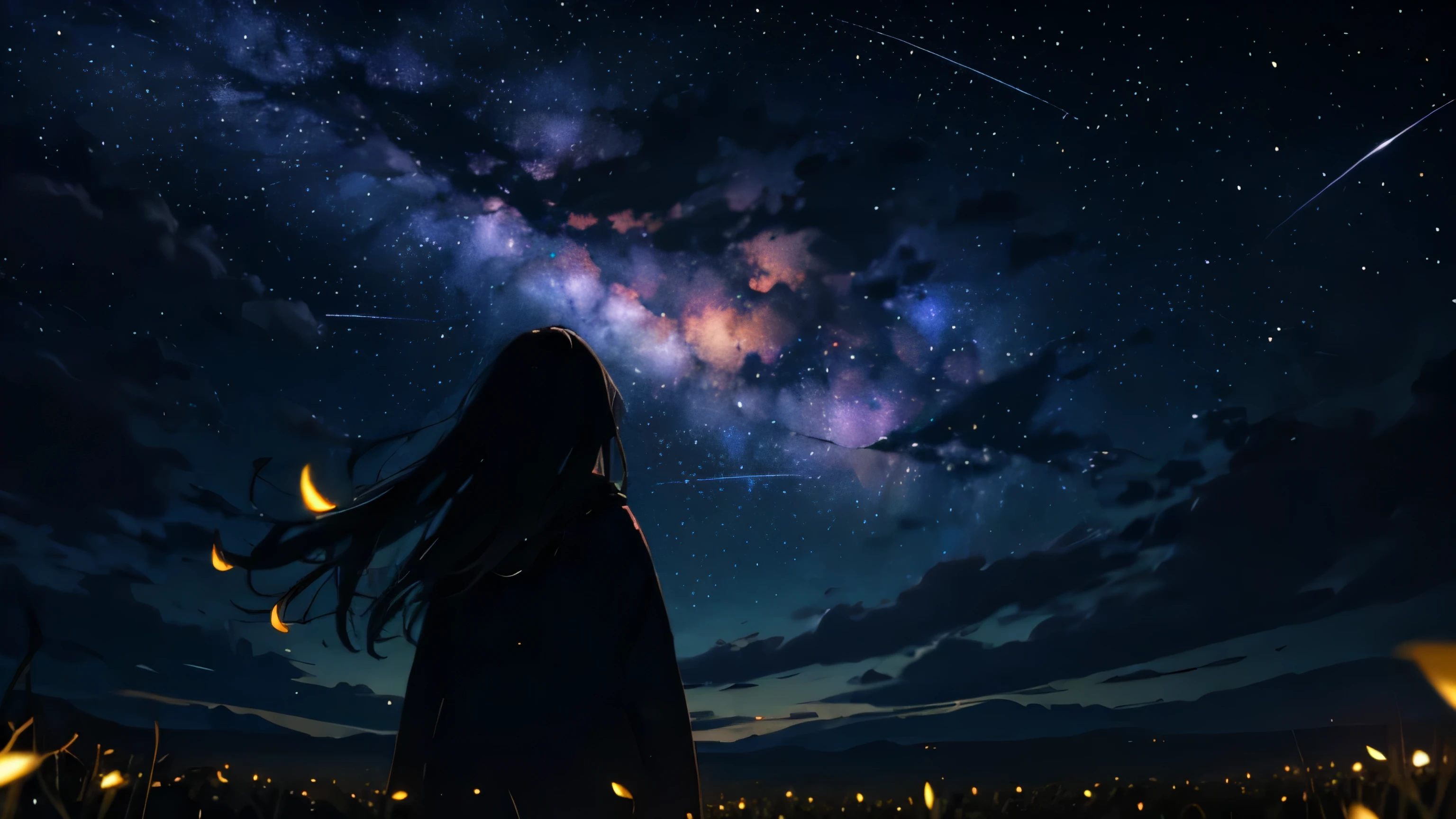 1girl, staring at the sky, long hair, cosmic sky, shooting stars, gazed to the sky, meadow, fireflies, masterpiece