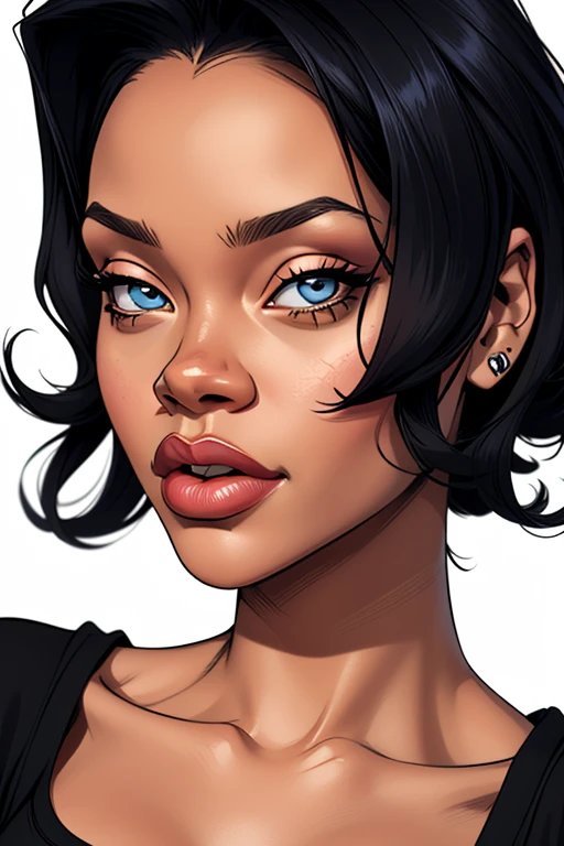 (cartoon style:1.2), Drawings of ([Rihanna]), portrait, wearing black t-shirt, short skirts, perfect eyes, detailed face, white background, fun posing, flirty look, Centered, scale to fit the dimensions