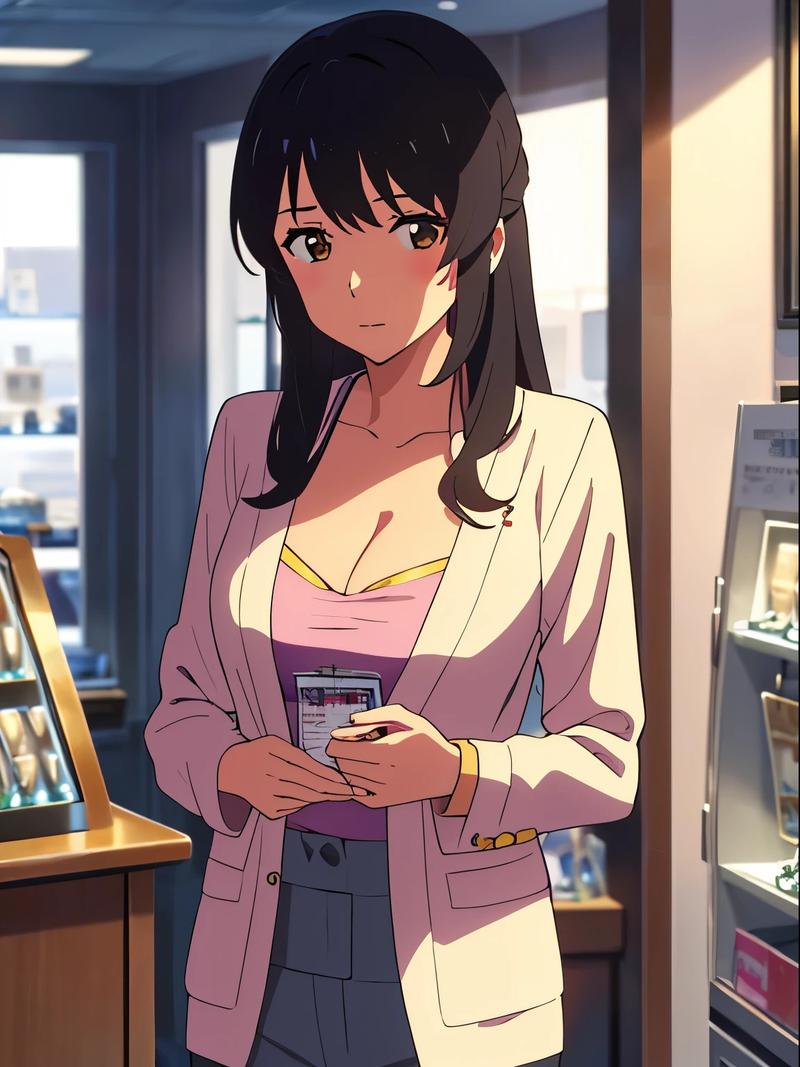 shinkai makoto, kimi no na wa., 1girl, bangs, black hair, brown eyes, Twisted Half Up, red ribbon, long hair, long sleeve light yellow cardigan, open shirt, yellow shirt, cleavage, breast, medium breast, Orange shirt, name tag written "LUMINE Miyamizu", looking at the viewer, indoors, jewelry products, jewelry shop, jewelry saleswoman, indoors, mall, masterpiece, perfect anatomy, cowboyshot, {POV viewer's hand grab girl's chest)}