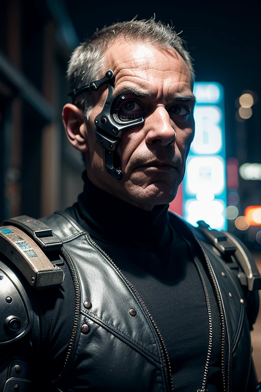 Cyberpunk photo, middle-aged man, cyborg, facial implants, muscular body, mechanical body, mechanical arms, mechanical skeleton, rusty armor, neon background, dark background, eye contact, looking at viewer, masterpiece, best quality, perfect detail , perfect face detail, perfect eye detail, perfect skin detail, depth of field, perfect lighting