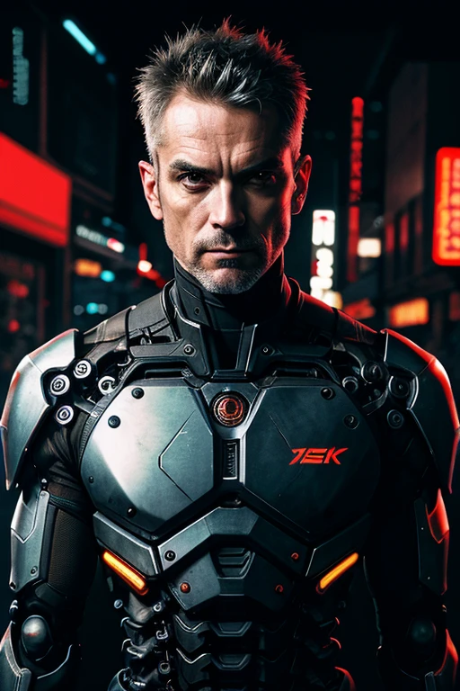 Cyberpunk photo, middle-aged man, cyborg, facial implants, muscular body, mechanical body, mechanical arms, mechanical skeleton, rusty armor, neon background, dark background, eye contact, looking at viewer, masterpiece, best quality, perfect detail , perfect face detail, perfect eye detail, perfect skin detail, depth of field, perfect lighting