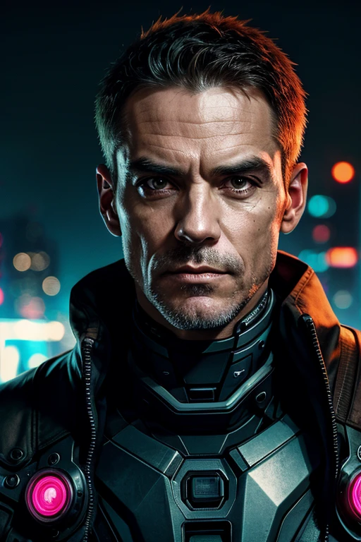 Cyberpunk photo, middle-aged man, cyborg, facial implants, muscular body, mechanical body, mechanical arms, mechanical skeleton, rusty armor, neon background, dark background, eye contact, looking at viewer, masterpiece, best quality, perfect detail , perfect face detail, perfect eye detail, perfect skin detail, depth of field, perfect lighting